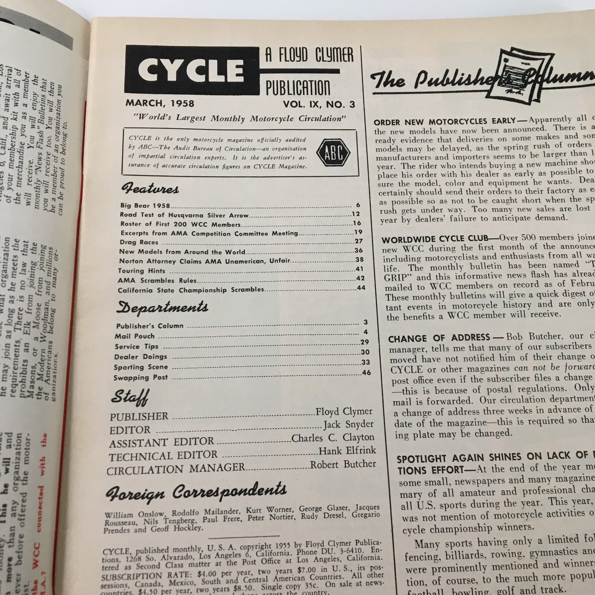 VTG Cycle Magazine March 1958 California State Championship Scrambles No Label