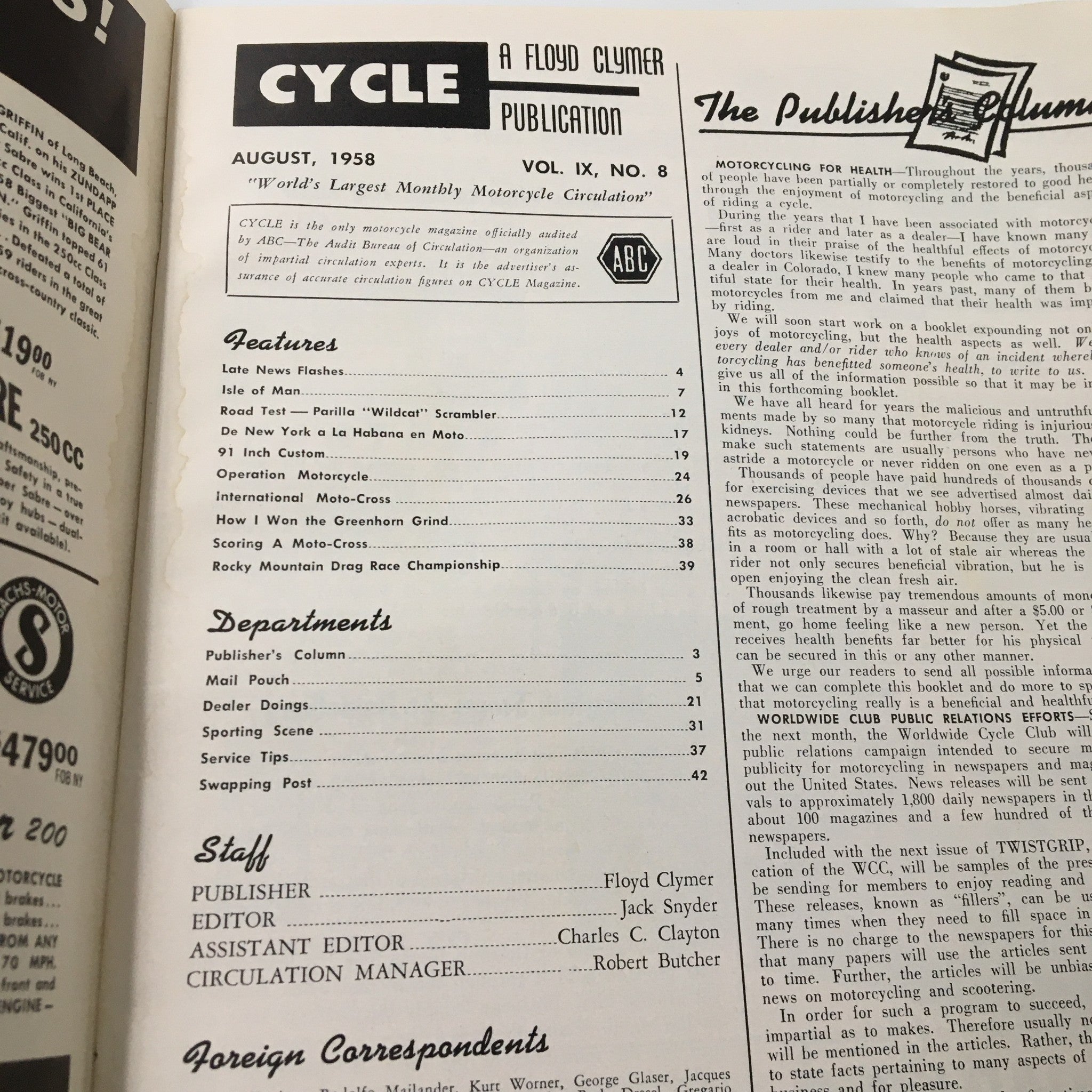 VTG Cycle Magazine August 1958 How I Won the Greenhorn Grind No Label