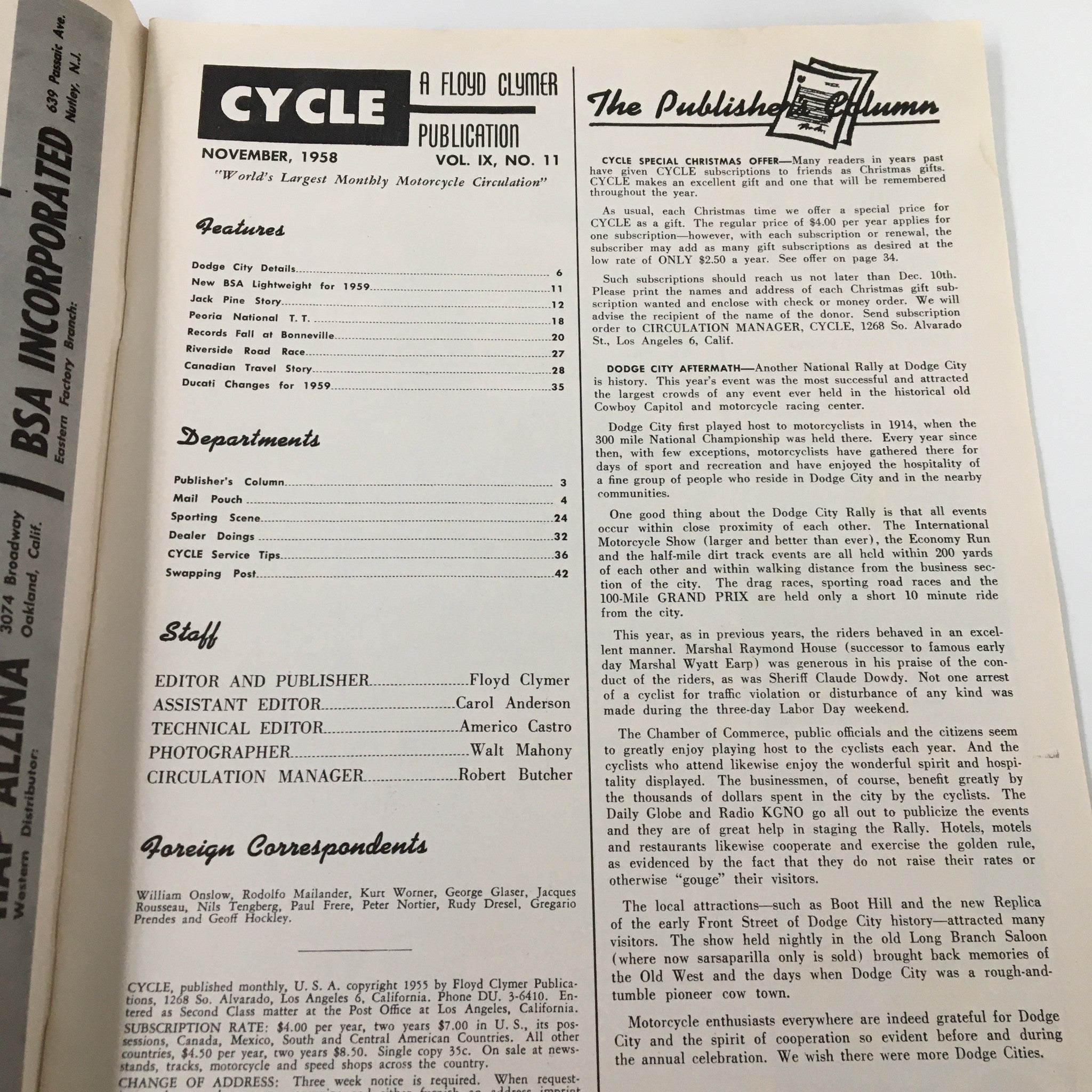 VTG Cycle Magazine November 1958 The New BSA Lightweight for 1959 No Label