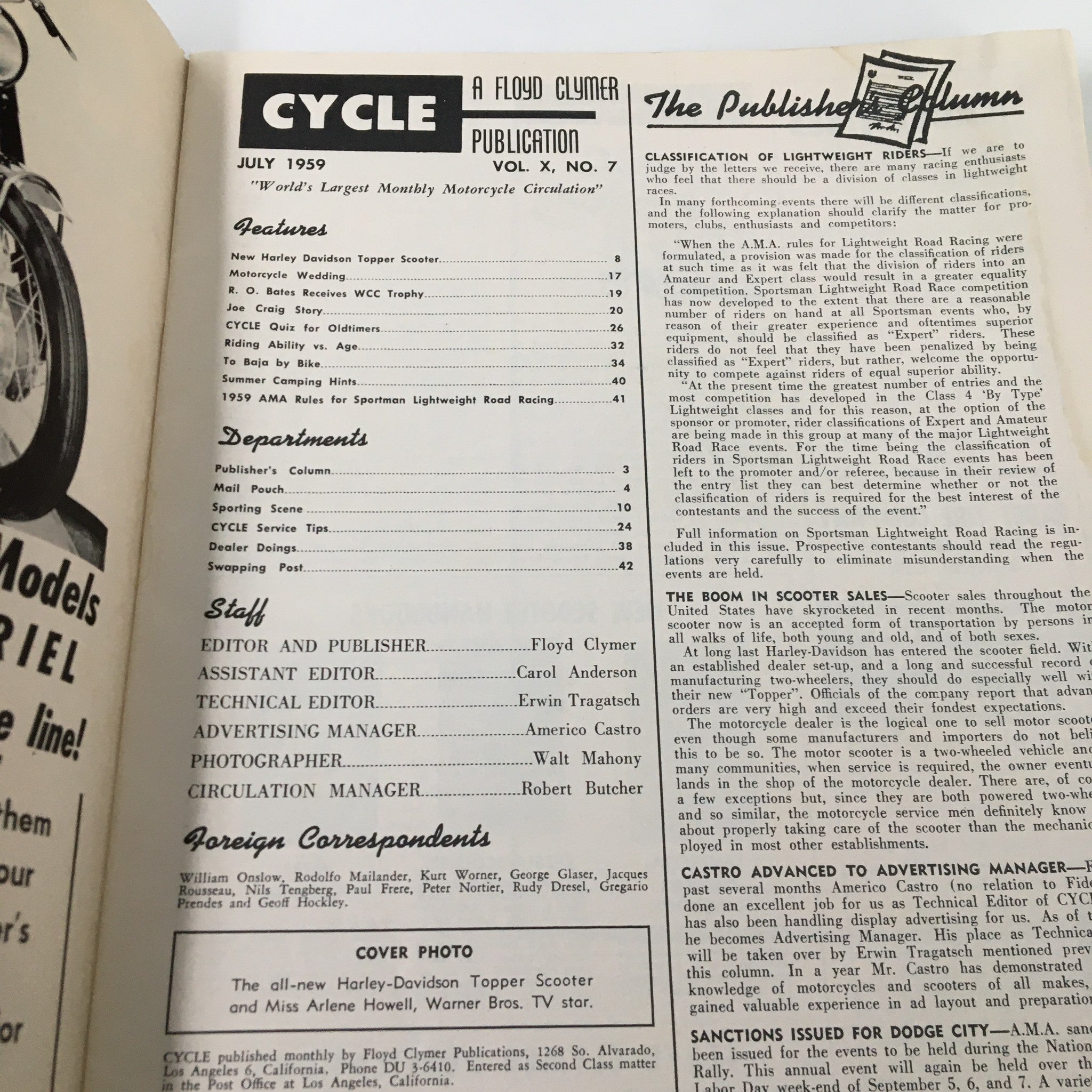 VTG Cycle Magazine July 1959 R. O. Bates Receives WCC Trophy No Label