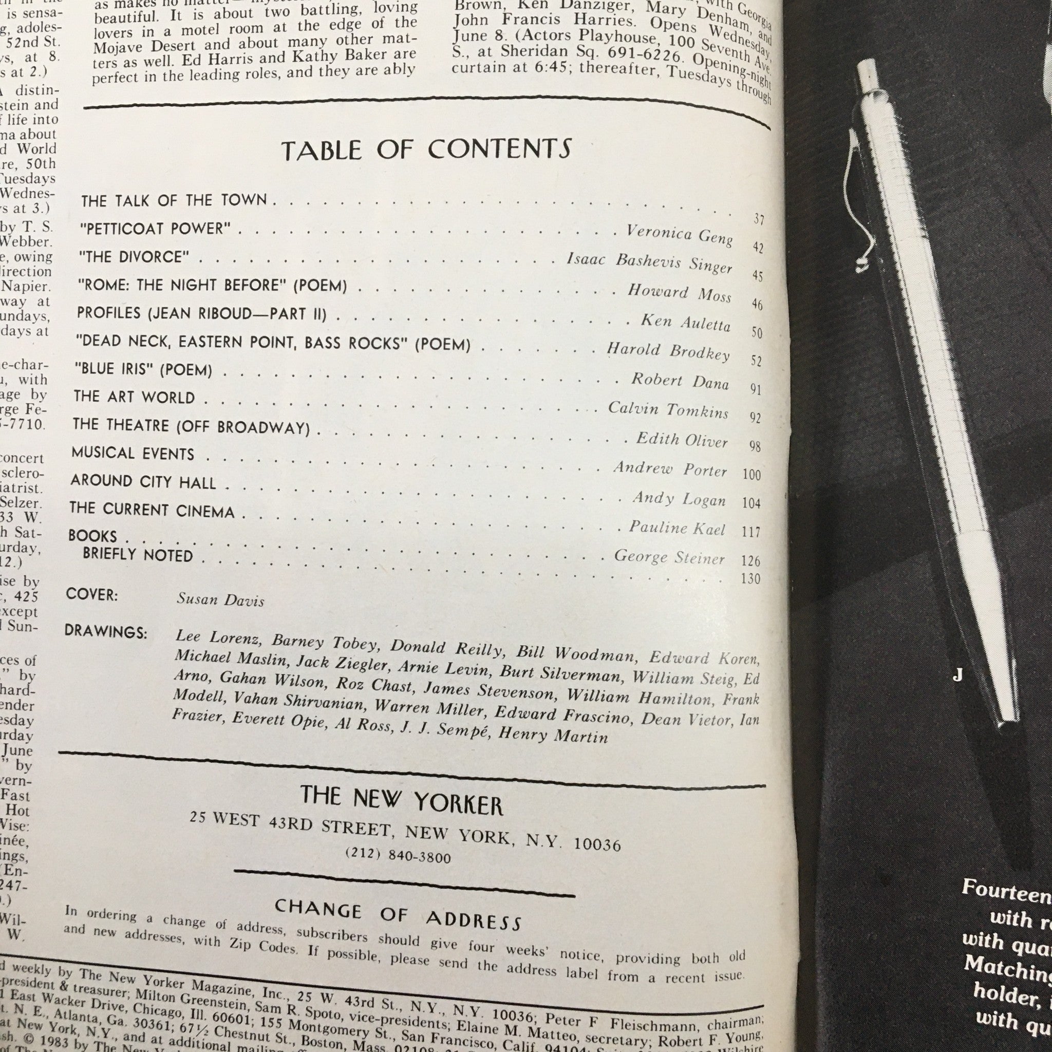 Table of contents page from The New Yorker Magazine June 13, 1983, detailing featured articles and contributions, including the cover art by Susan Davis.