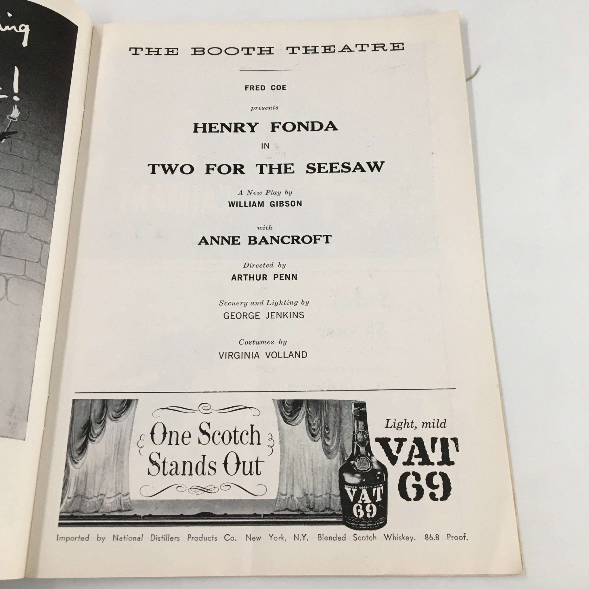 1958 Playbill The Booth Theatre Henry Fonda in Two For The Seesaw by Arthur Penn