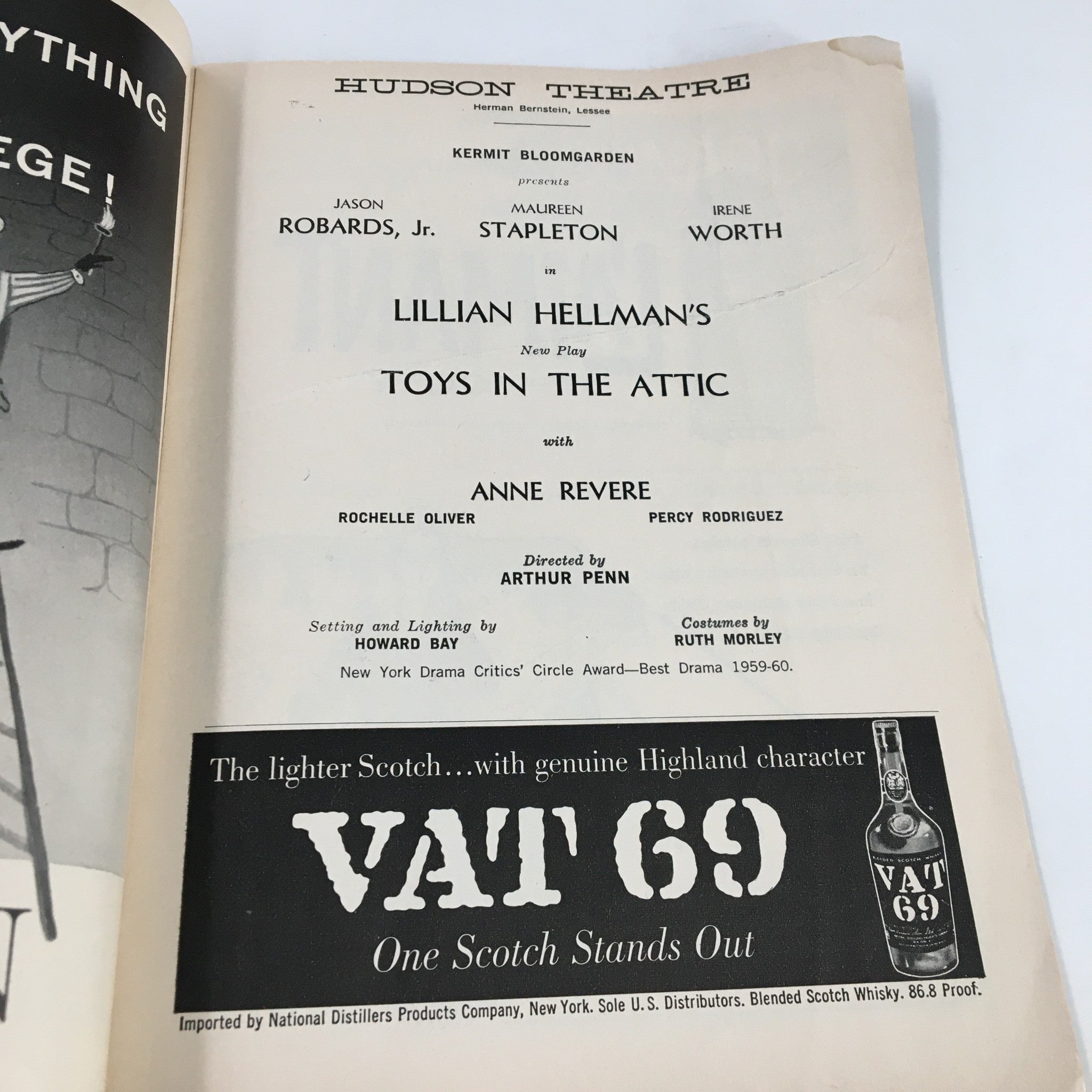 1960 Playbill Hudson Theatre Lillian Hellman's Toys In The Attic by Arthur Penn