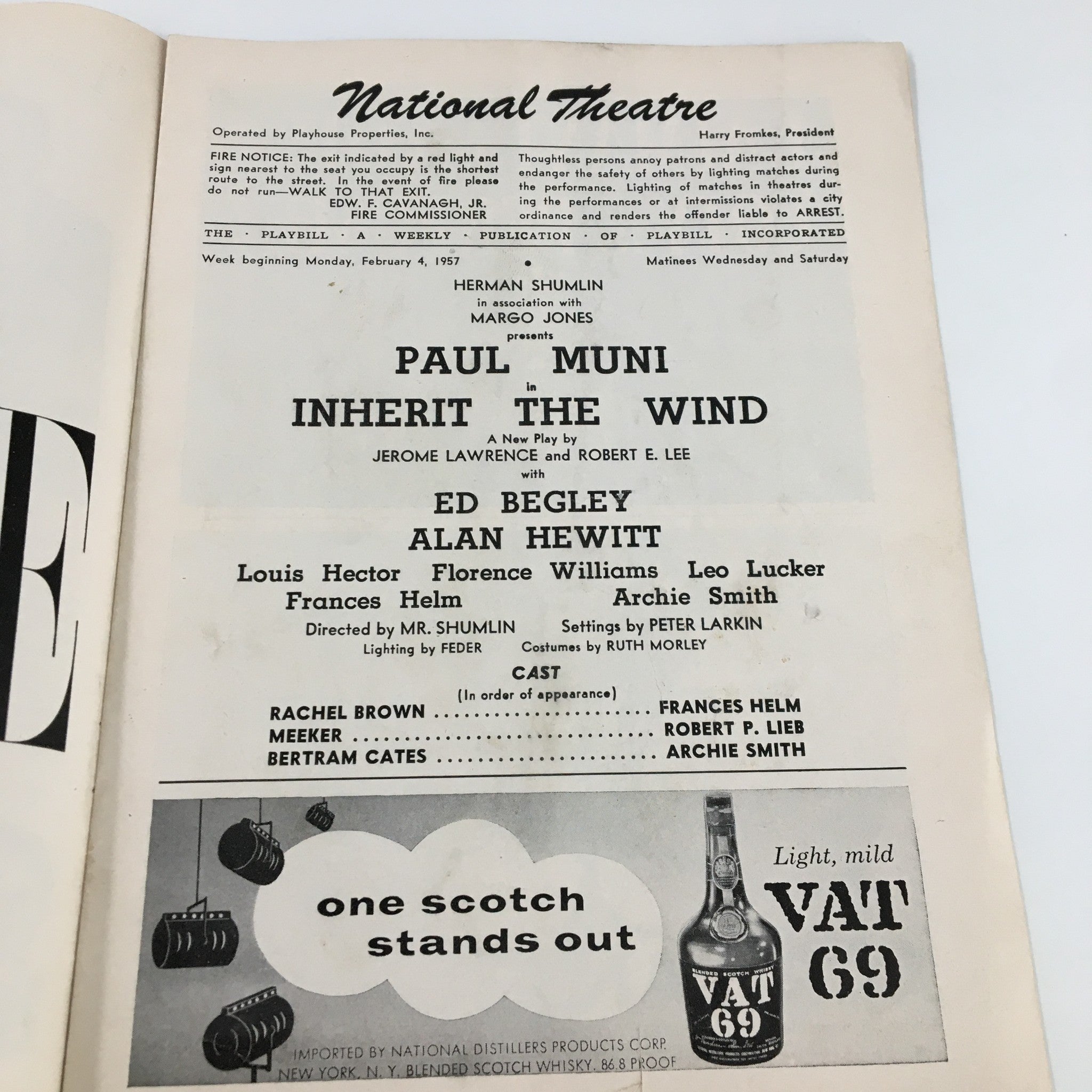 1957 Playbill National Theatre Paul Muni in Inherit The Wind by Jerome Lawrence