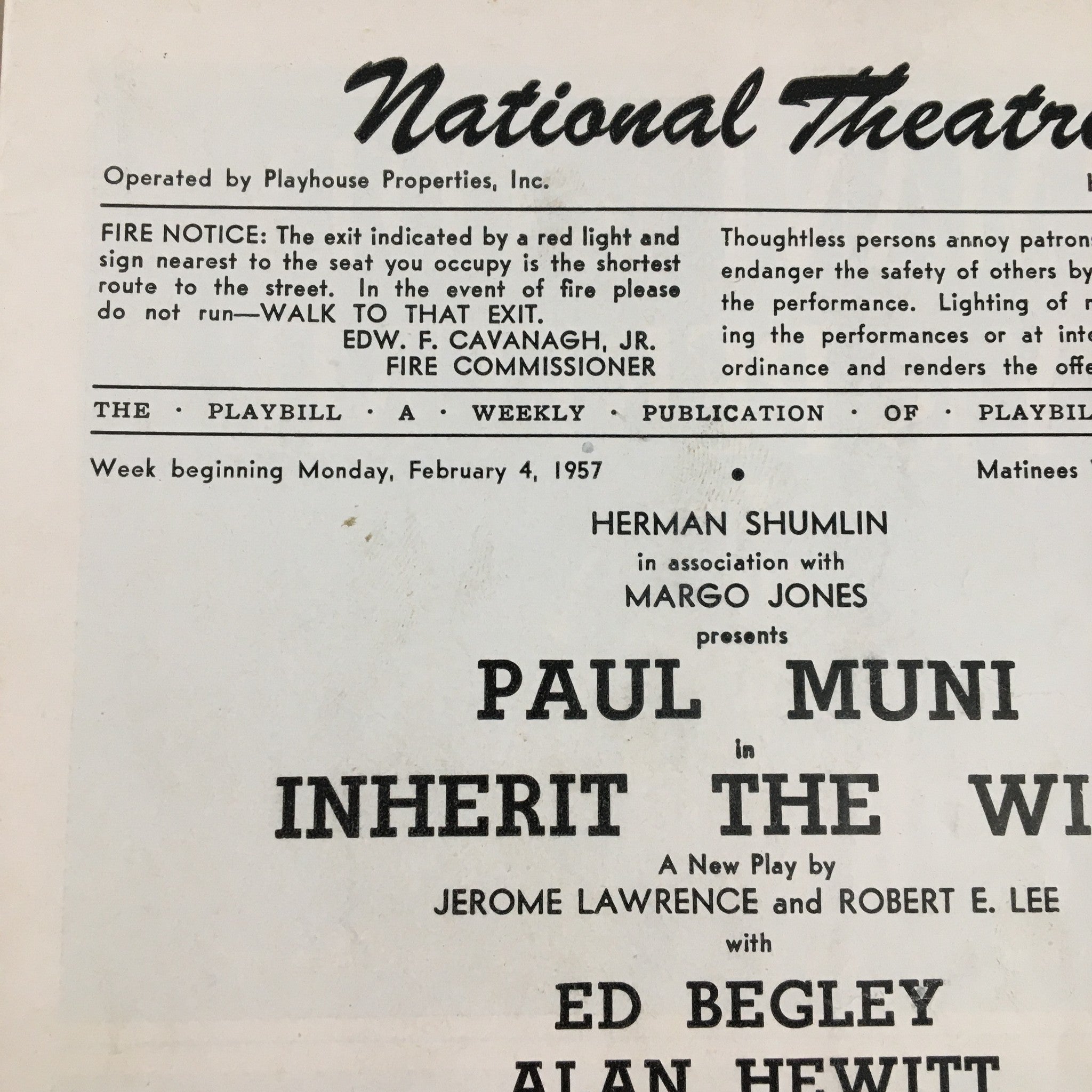 1957 Playbill National Theatre Paul Muni in Inherit The Wind by Jerome Lawrence