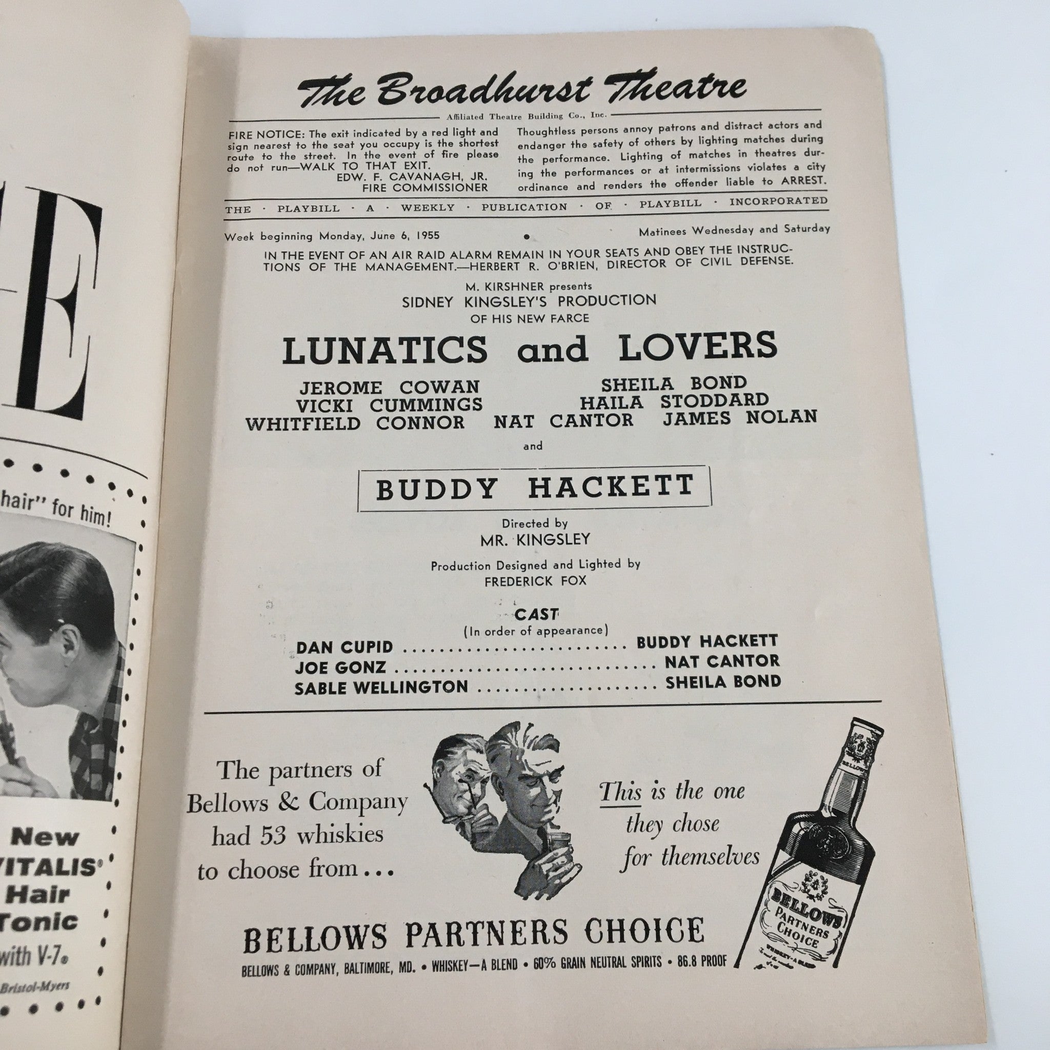 1955 Playbill The Broadhurst Theatre Lunatics and Lovers by Mr. Kingsley