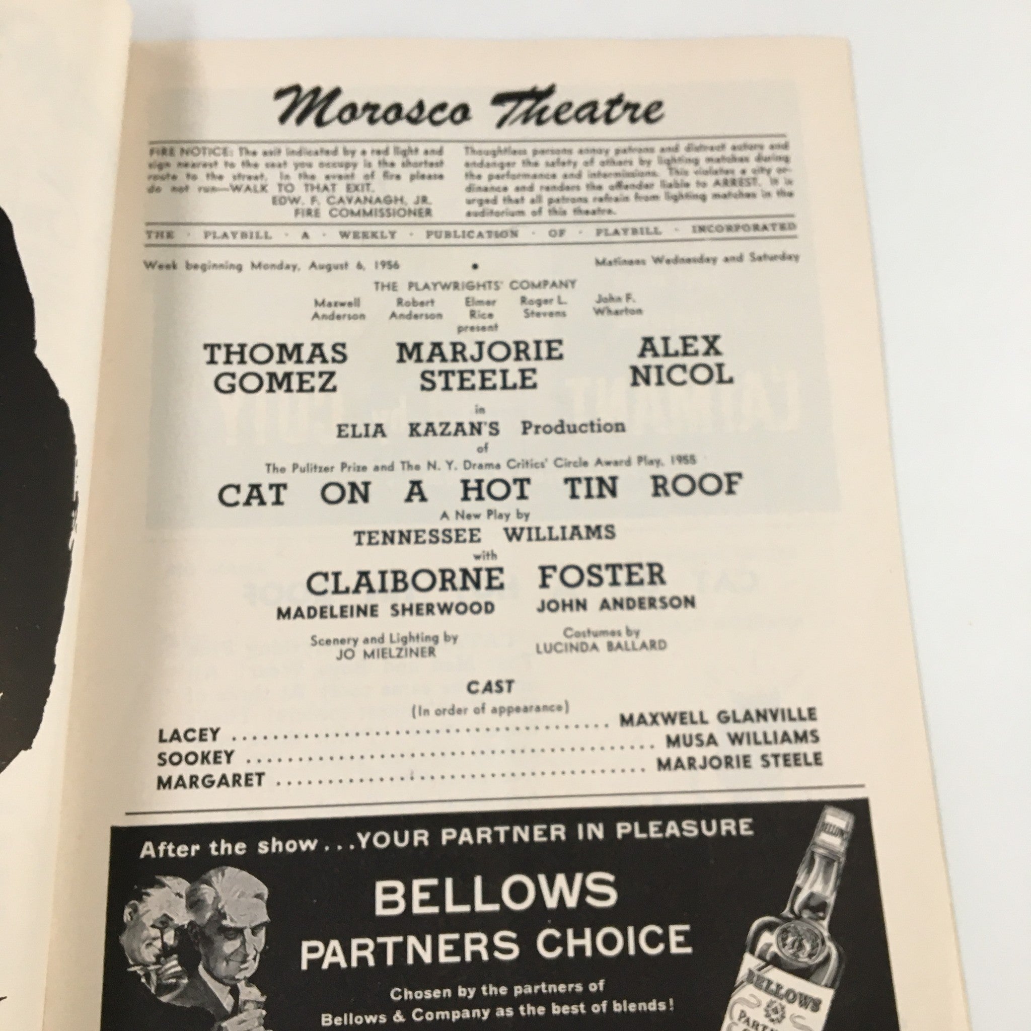 1956 Playbill Morosco Theatre Thomas Gomez in Cat On A Hot Tin Roof