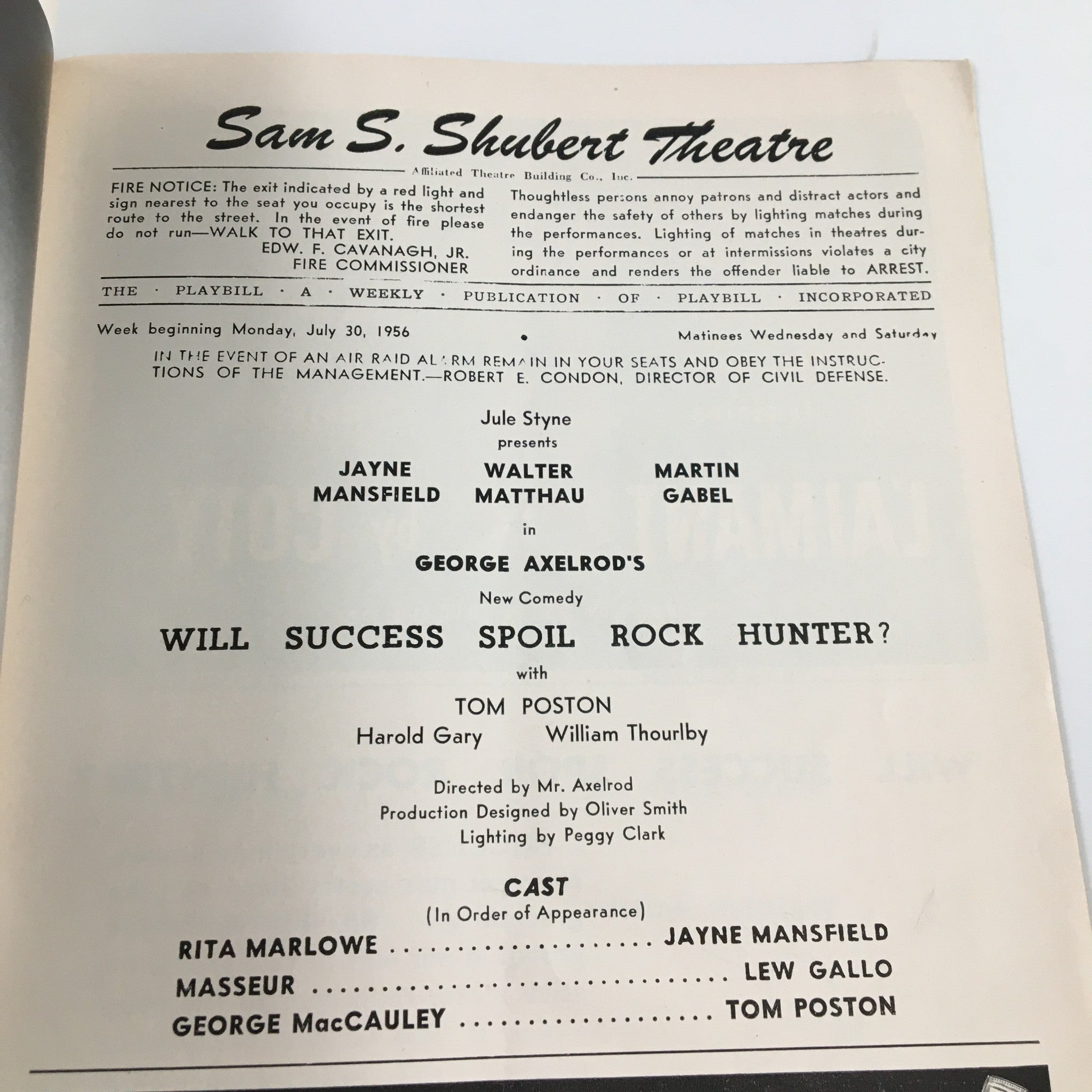 1956 Playbill Sam S. Shubert Theatre Will Success Spoil Rock Hunter Mr. Axelrod