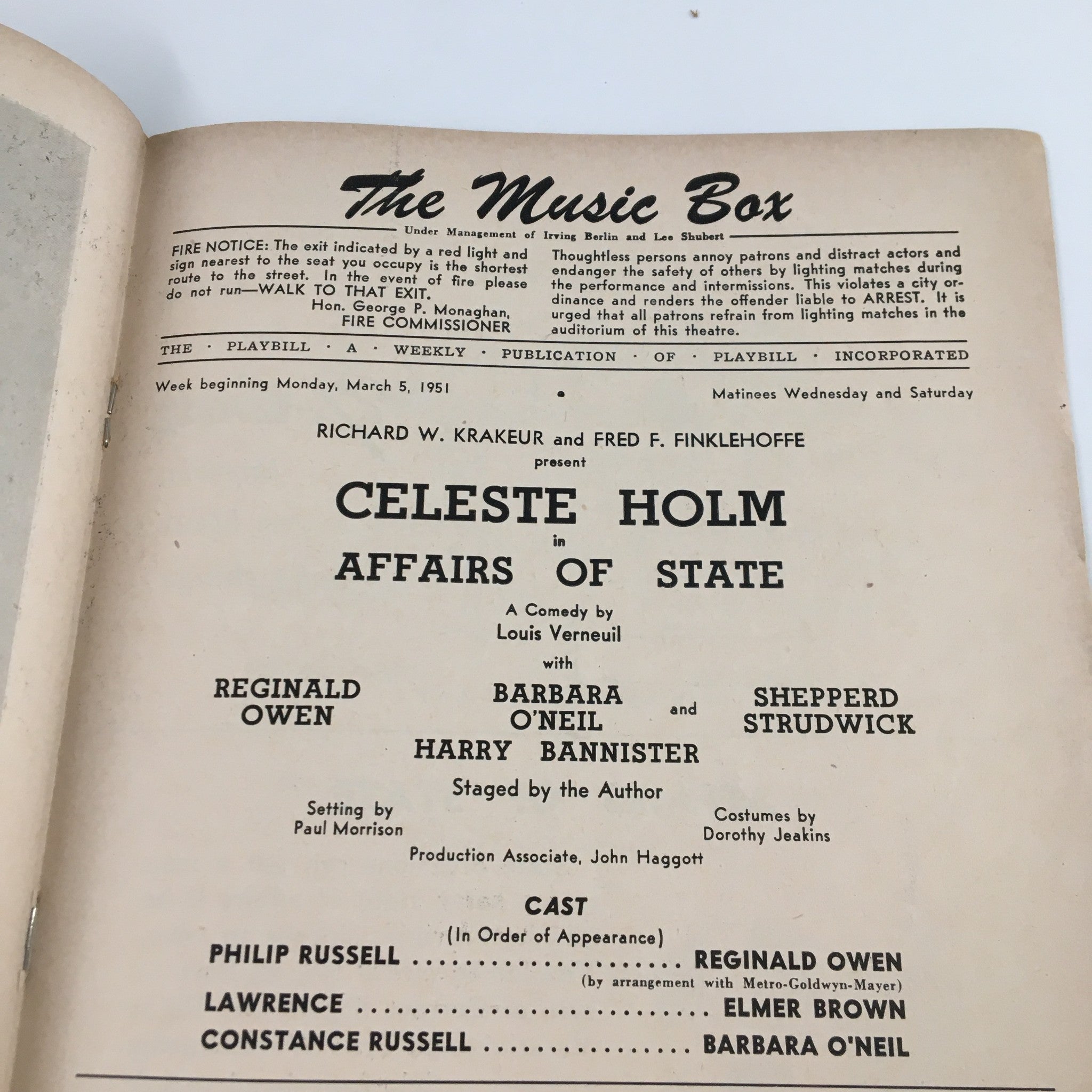 1951 Playbill The Music Box Celeste Holm in Affairs of State by Louis Verneuil