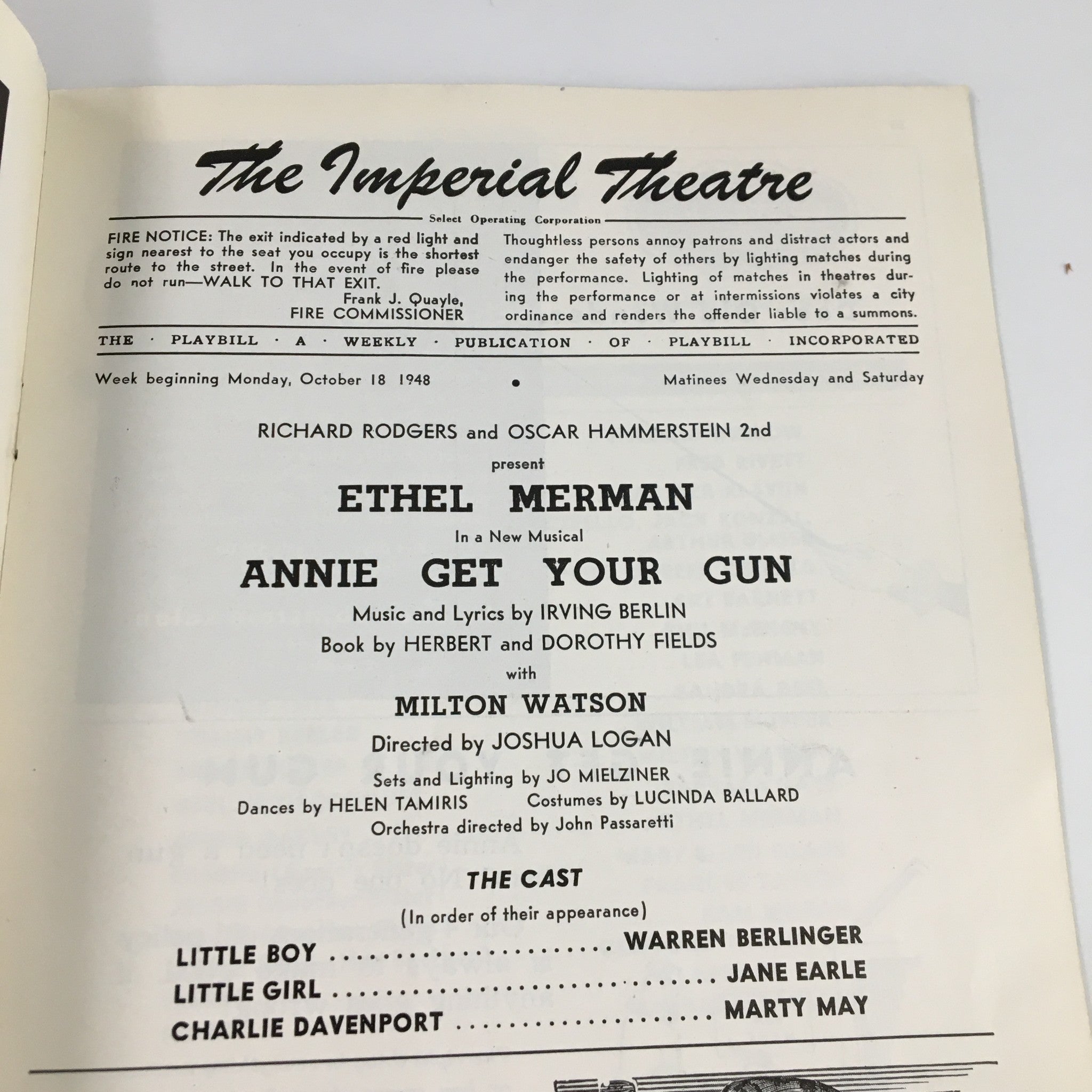 1948 Playbill The Imperial Theatre Ethel Merman in Annie Get Your Gun