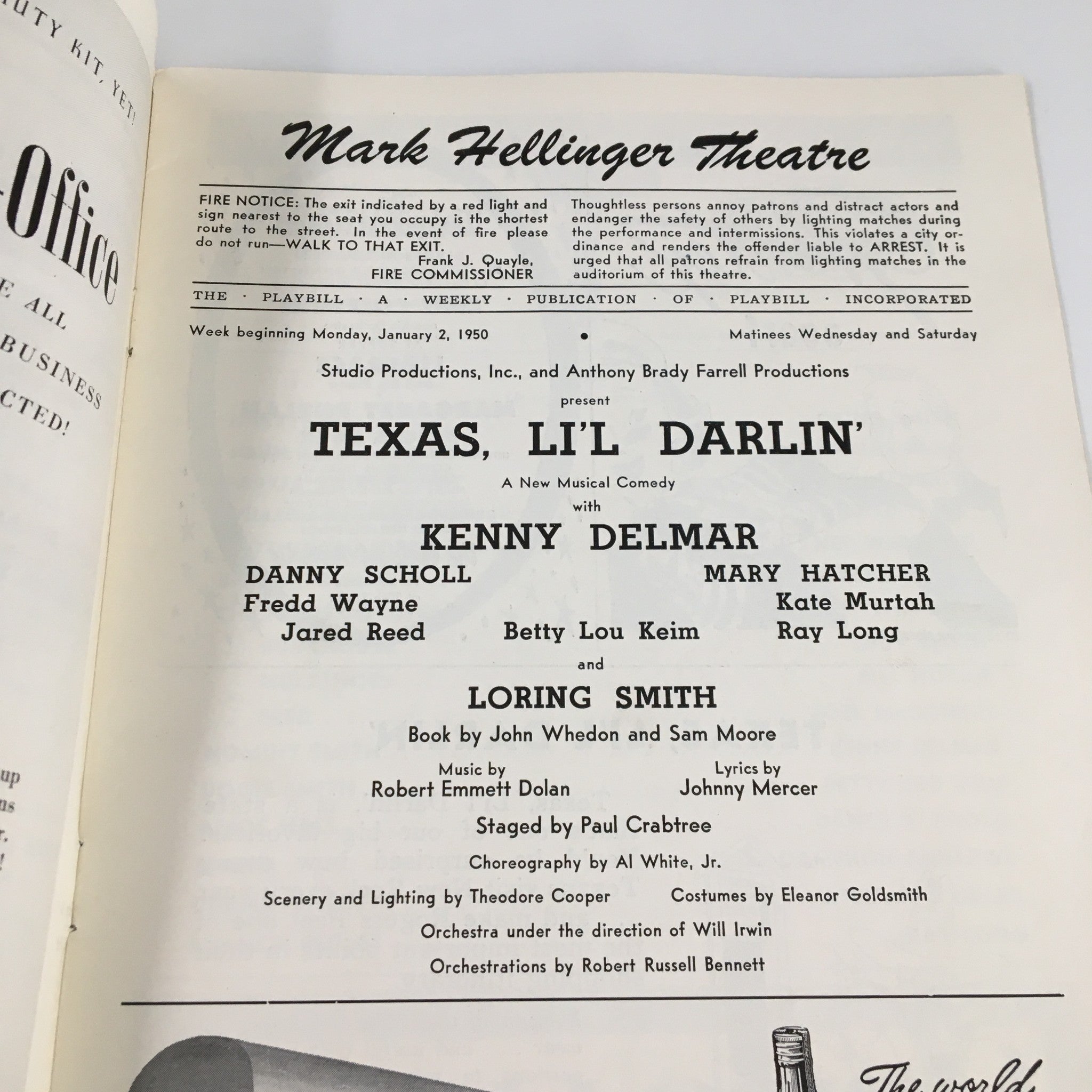 1950 Playbill Mark Hellinger Theatre Texas, Li'l Darlin' with Kenny Delmar