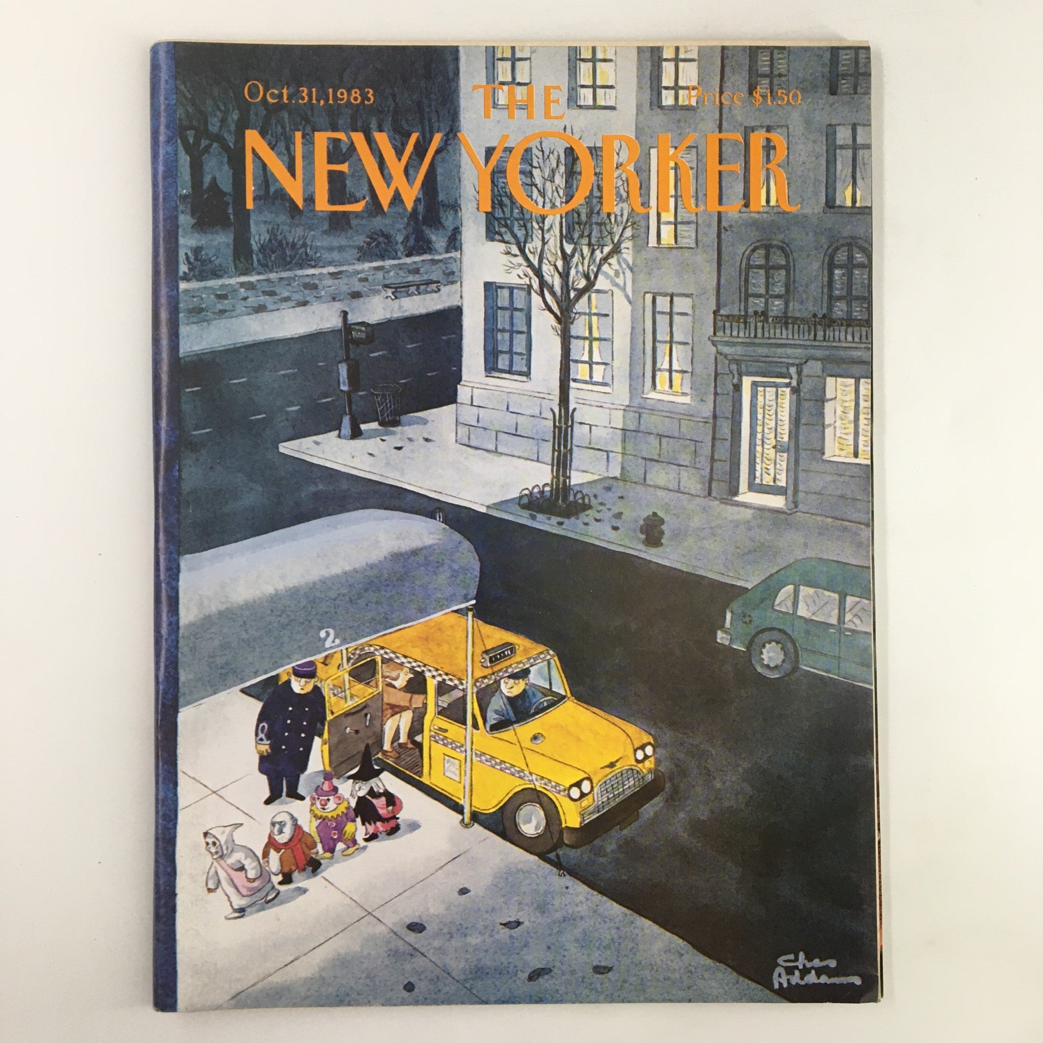 The New Yorker Magazine October 31 1983 cover illustration of a whimsical costume party by Charles Addams featuring costumed characters waiting for a taxi.