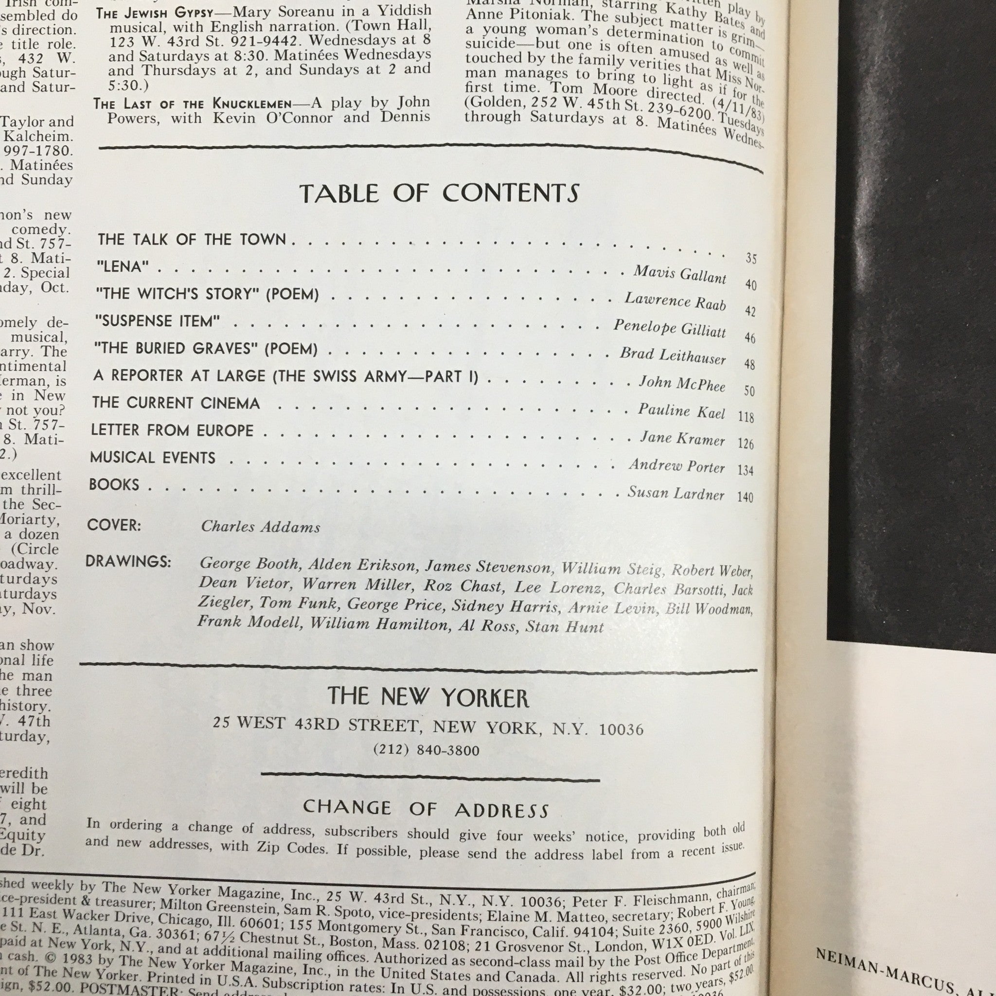 The New Yorker Magazine October 31 1983 table of contents featuring contributions from various authors and the cover art by Charles Addams.
