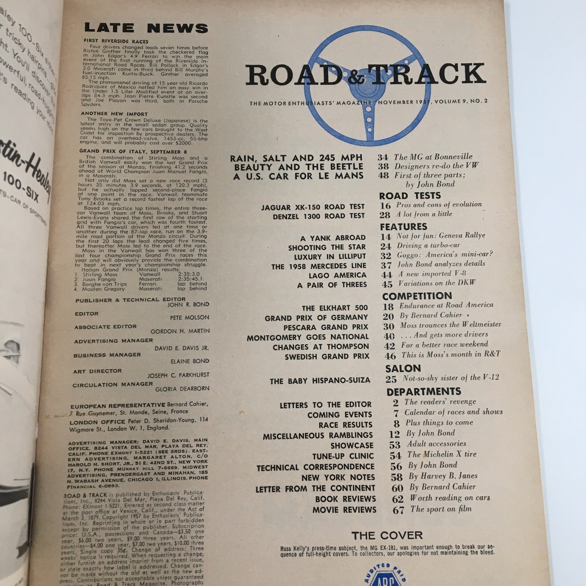 VTG Road & Track Magazine November 1957 Jaguar XK-150 Road Test No Label