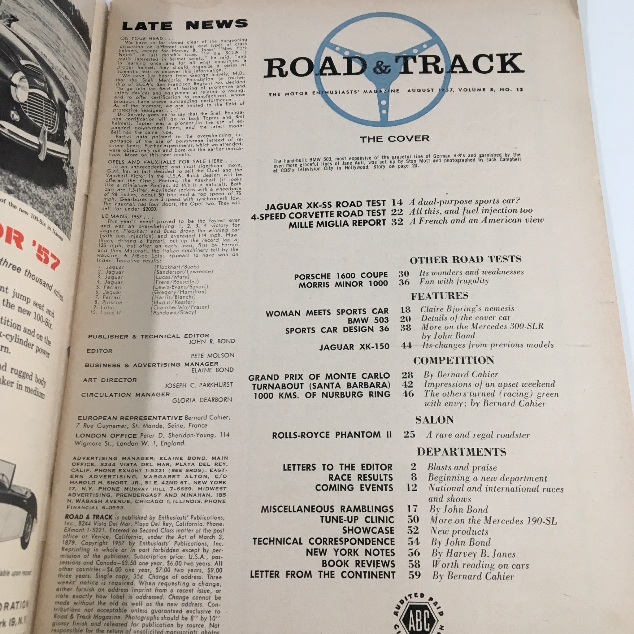 VTG Road & Track Magazine August 1957 Jaguar XK-SSS Road Test No Label