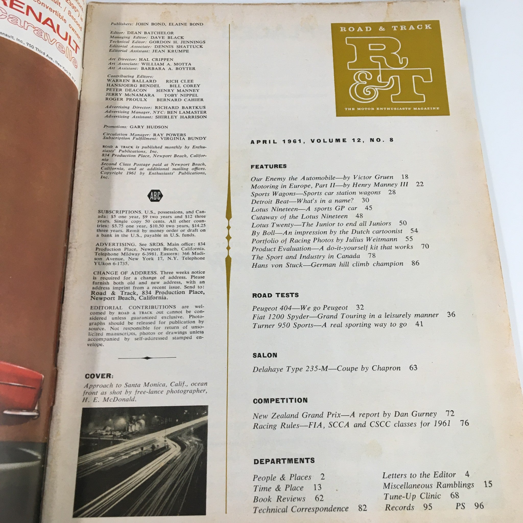 VTG Road & Track Magazine April 1961 Our Enemy The Automobile No Label