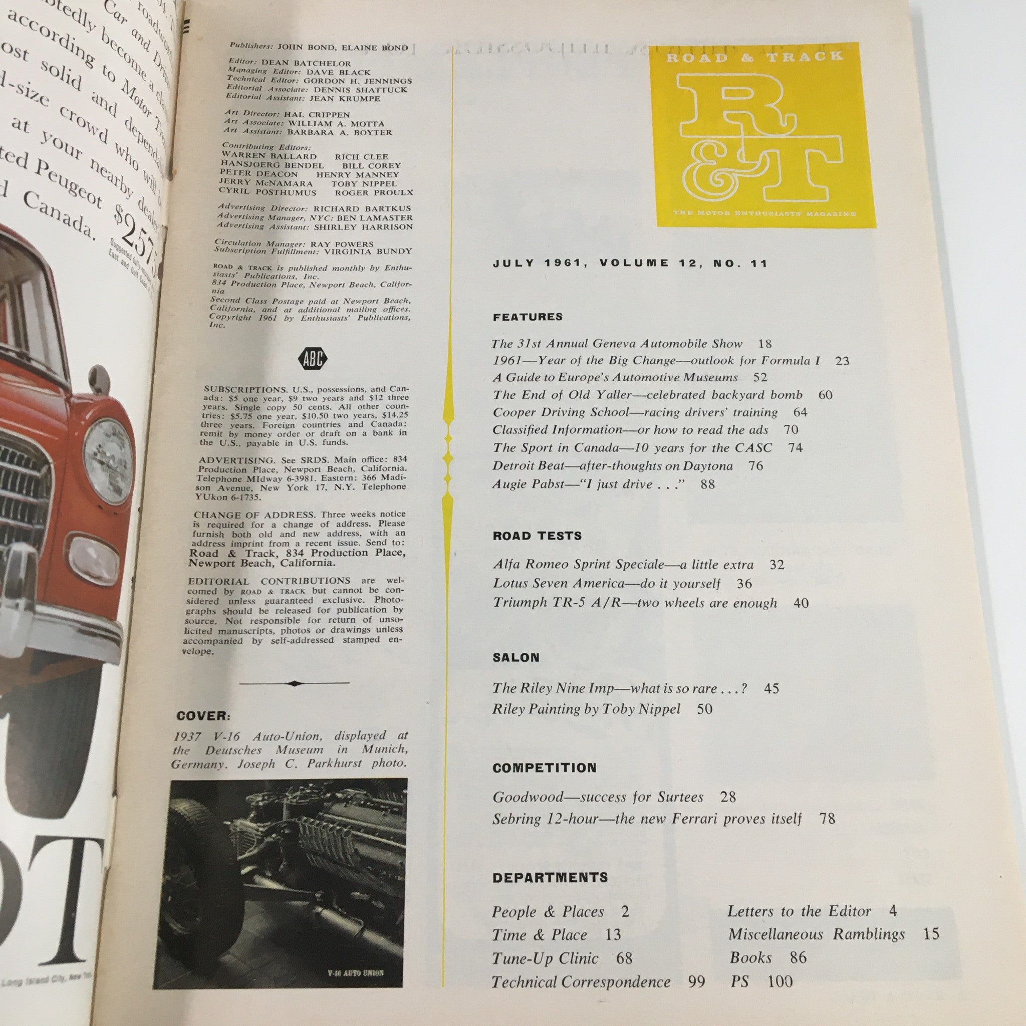 VTG Road & Track Magazine July 1961 Guide to The Auto Museums of Europe No Label