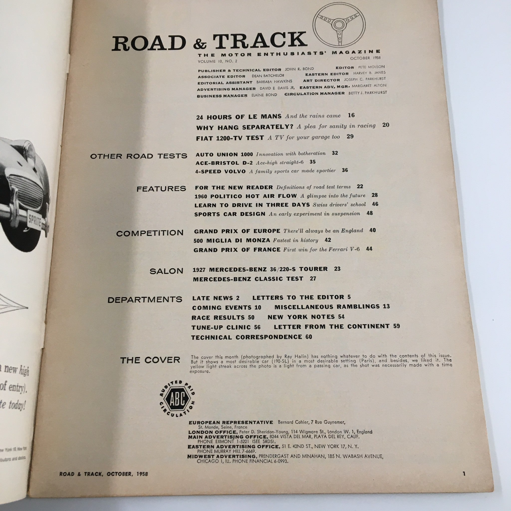 VTG Road & Track Magazine October 1958 Professionals vs Amateur Racing No Label