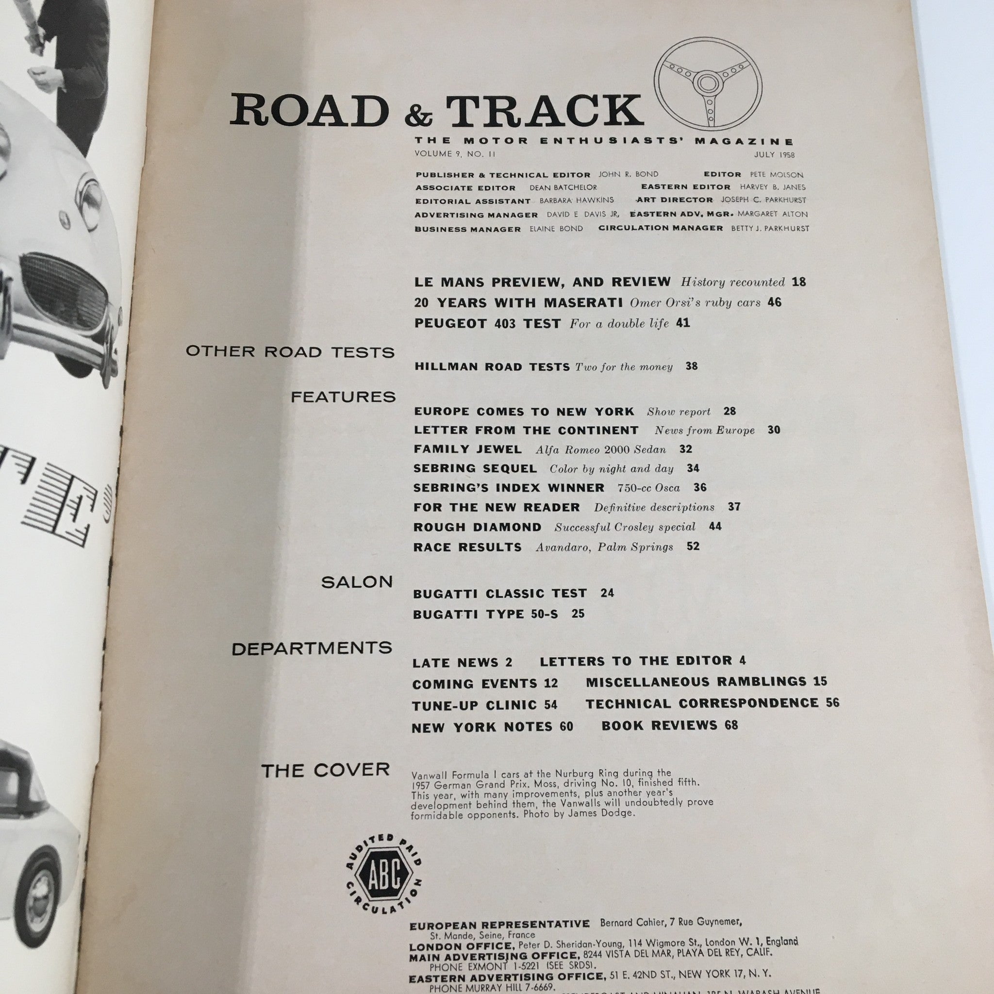 VTG Road & Track Magazine July 1958 Le Mans Peugeot/Hillman Tests No Label