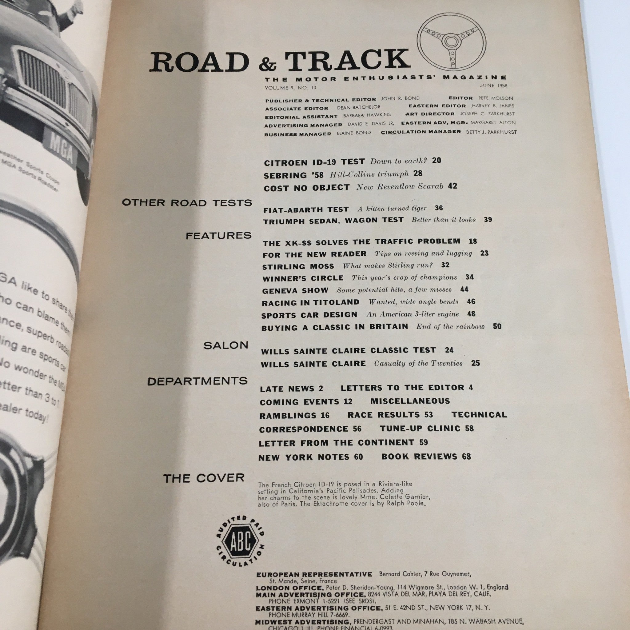 VTG Road & Track Magazine June 1958 The French Citroen ID-19 No Label