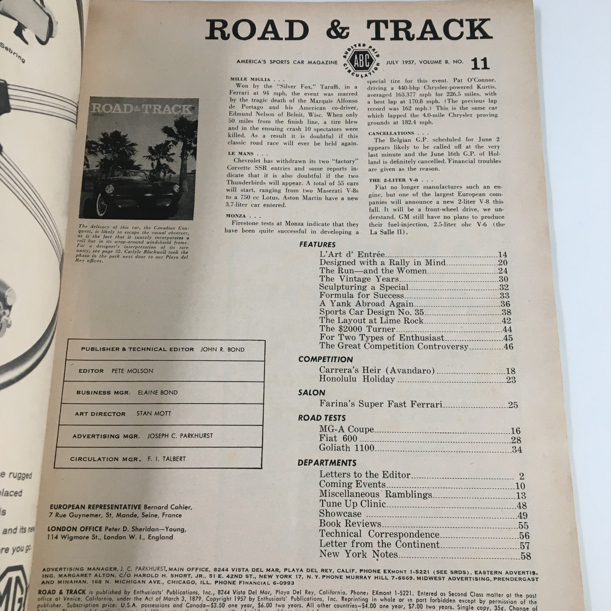 VTG Road & Track Magazine July 1957 The Canadian Conquest from Canada No Label