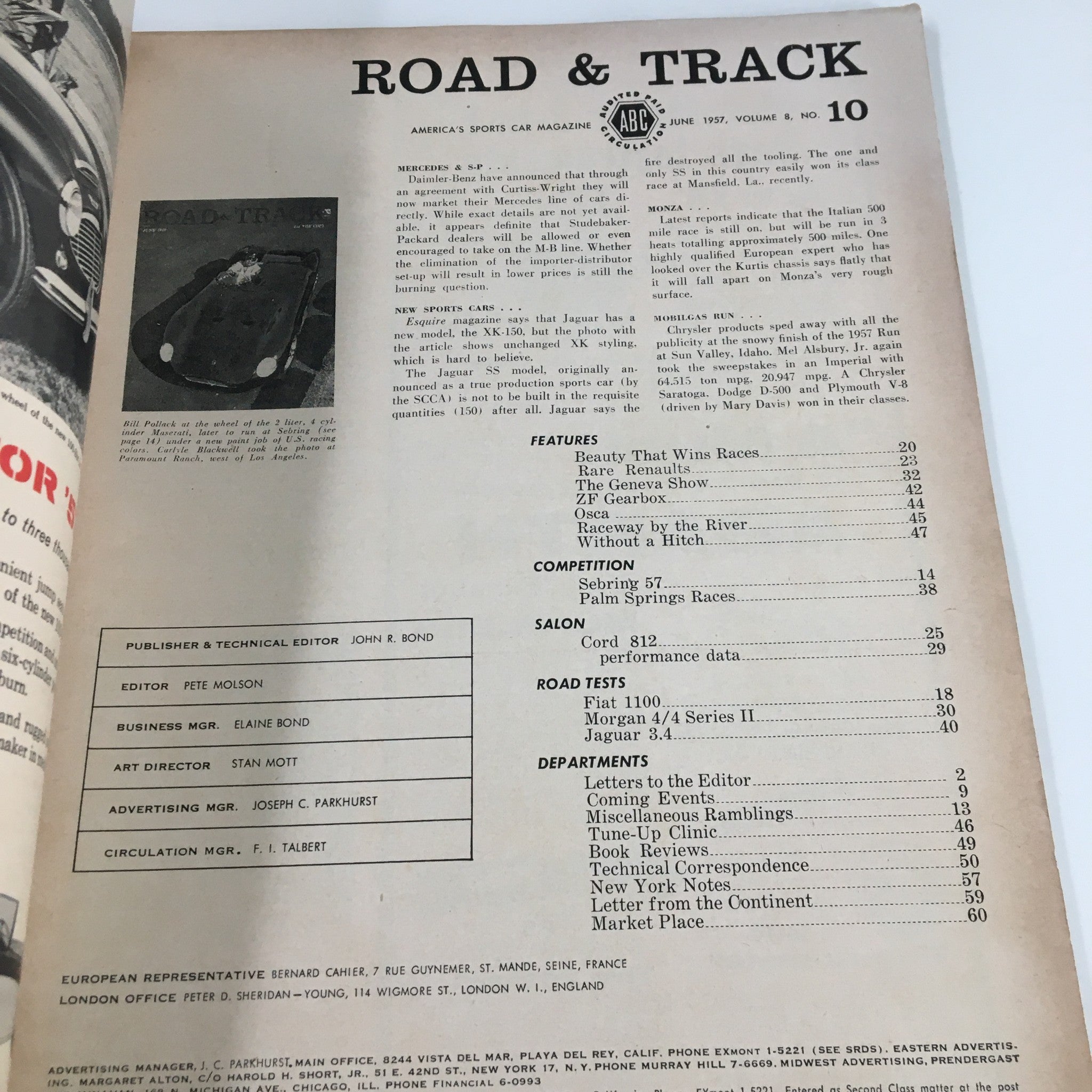 VTG Road & Track Magazine June 1957 The Maserati V-8 vs The Other Cars No Label