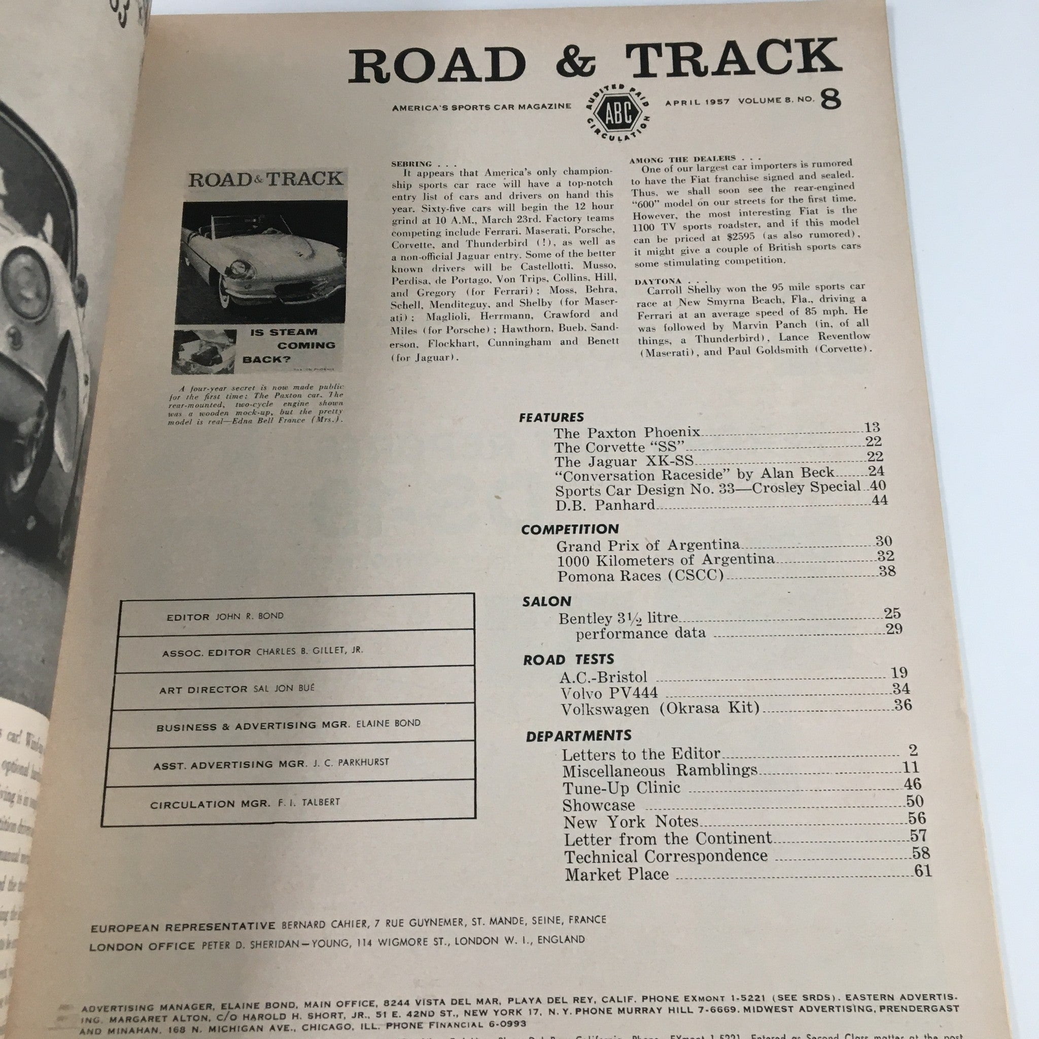 VTG Road & Track Magazine April 1957 True Story of the Paxton Phoenix No Label