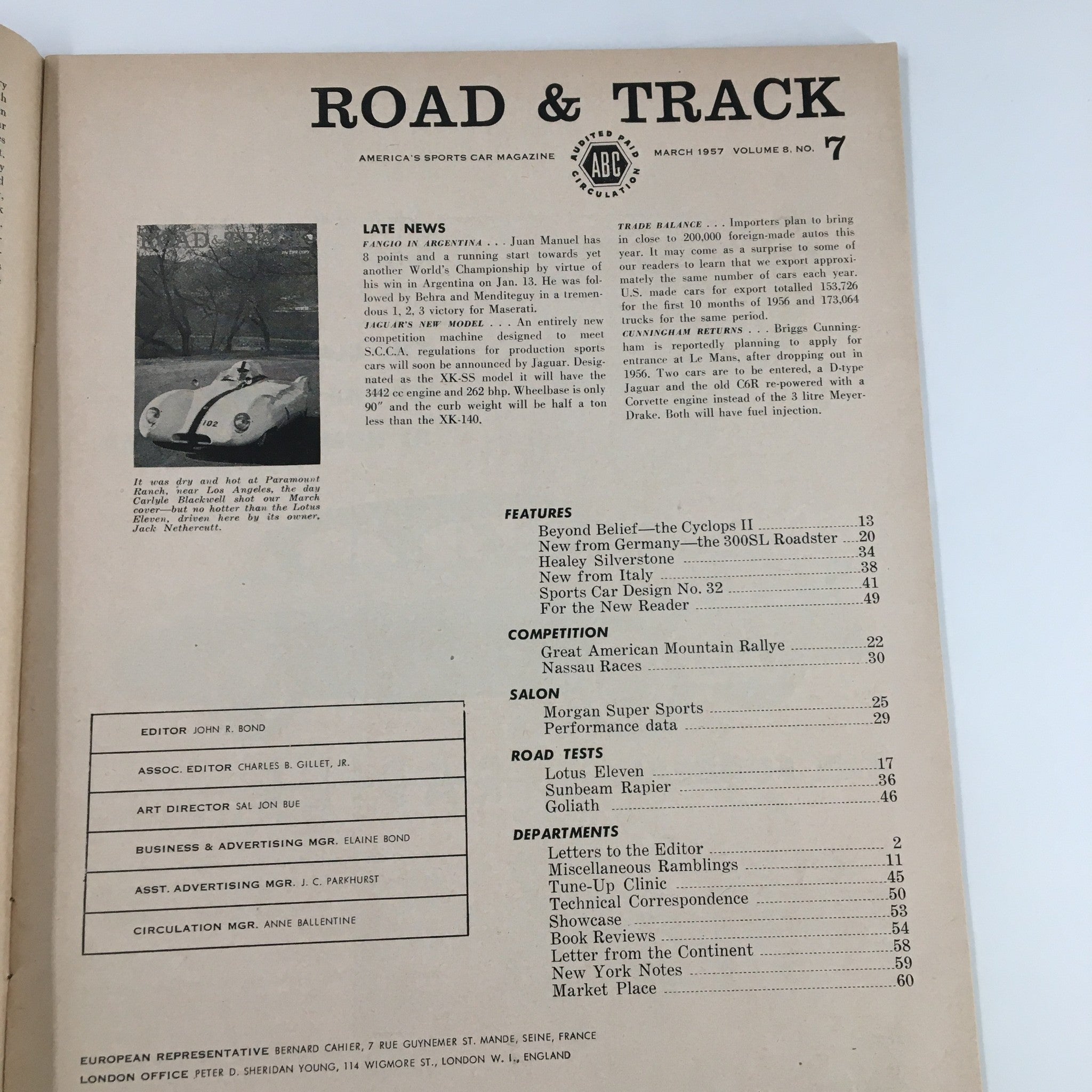 VTG Road & Track Magazine March 1957 Mercedes HFS Trike Nassau Speed No Label