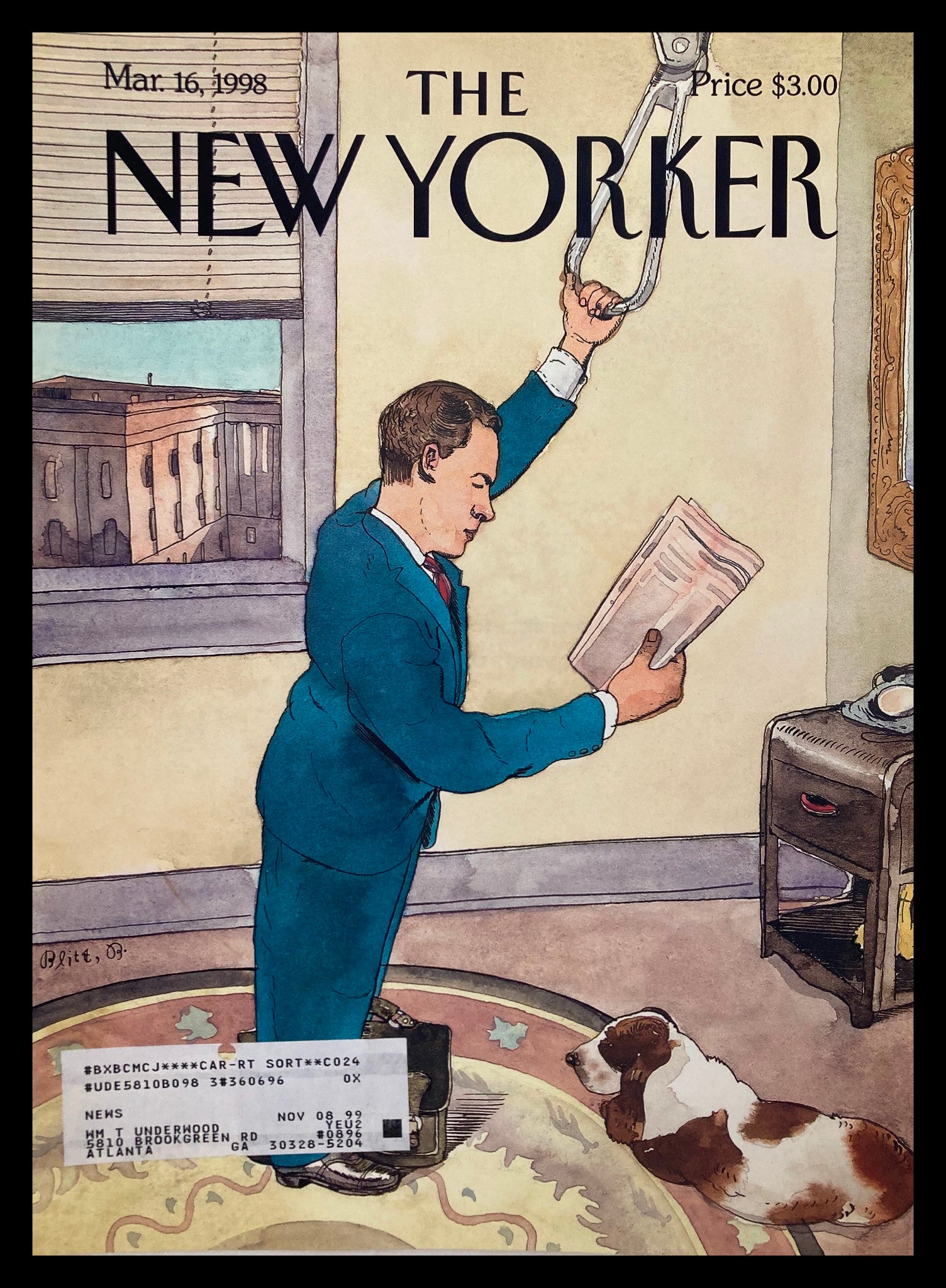 COVER ONLY The New Yorker March 16 1998 Reading Newspaper by Barry Blitt