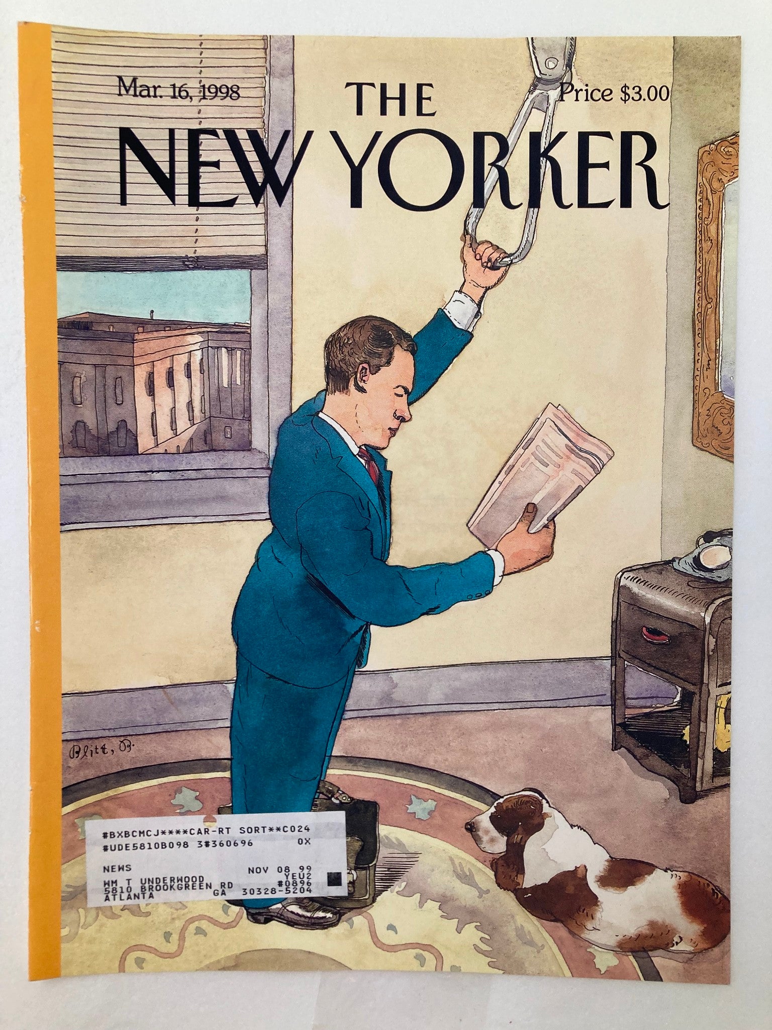 COVER ONLY The New Yorker March 16 1998 Reading Newspaper by Barry Blitt