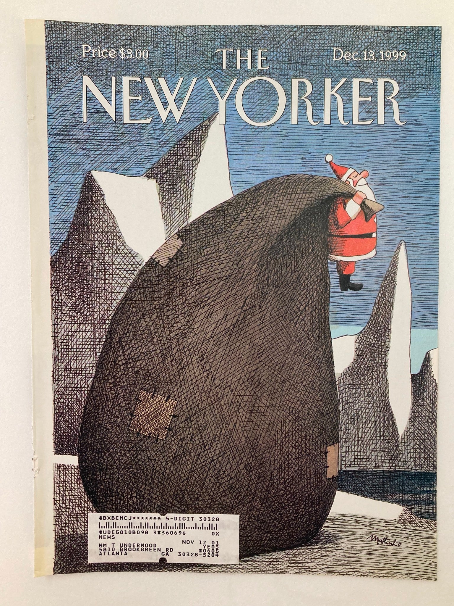 COVER ONLY The New Yorker December 13 1999 The Big Bag by Franco Matticchio