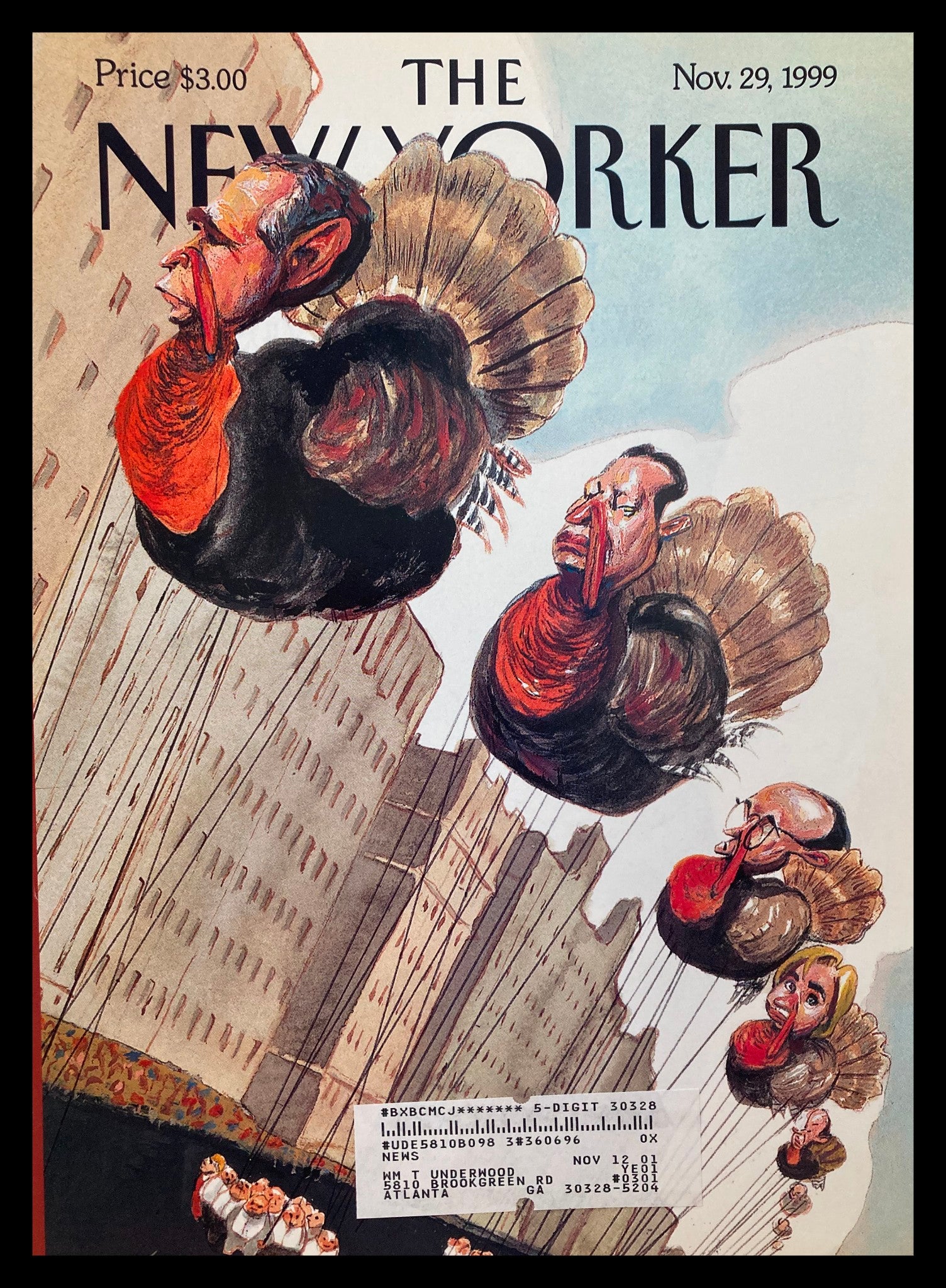 Cover of The New Yorker from November 29, 1999, titled 'Turkey Day' by Steve Brodner, featuring whimsical illustrations of turkeys resembling political figures, capturing a humorous take on Thanksgiving.