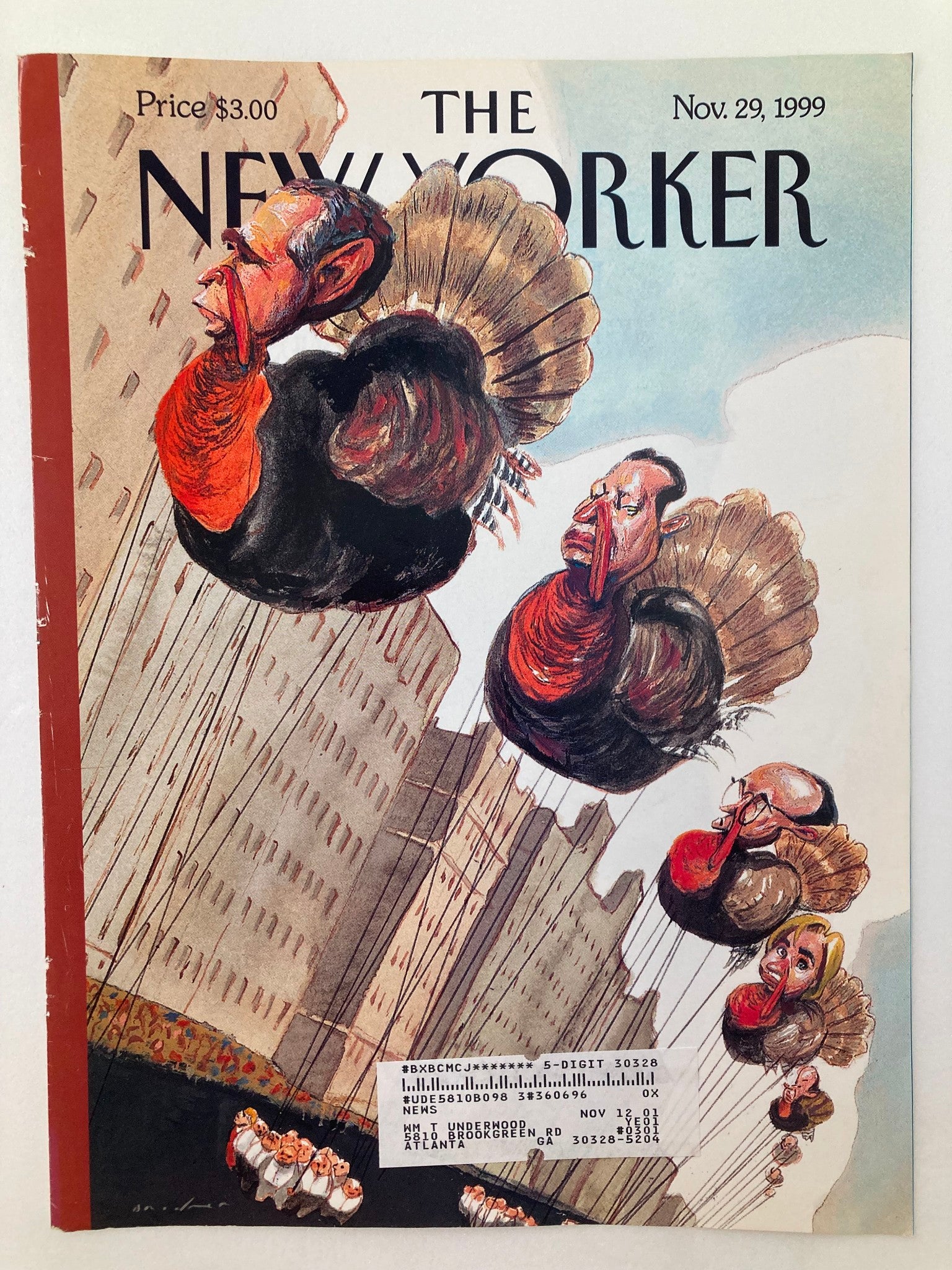 Cover of The New Yorker dated November 29, 1999, showcasing 'Turkey Day' art by Steve Brodner, depicting humorous turkey balloons in a festive Thanksgiving parade atmosphere.