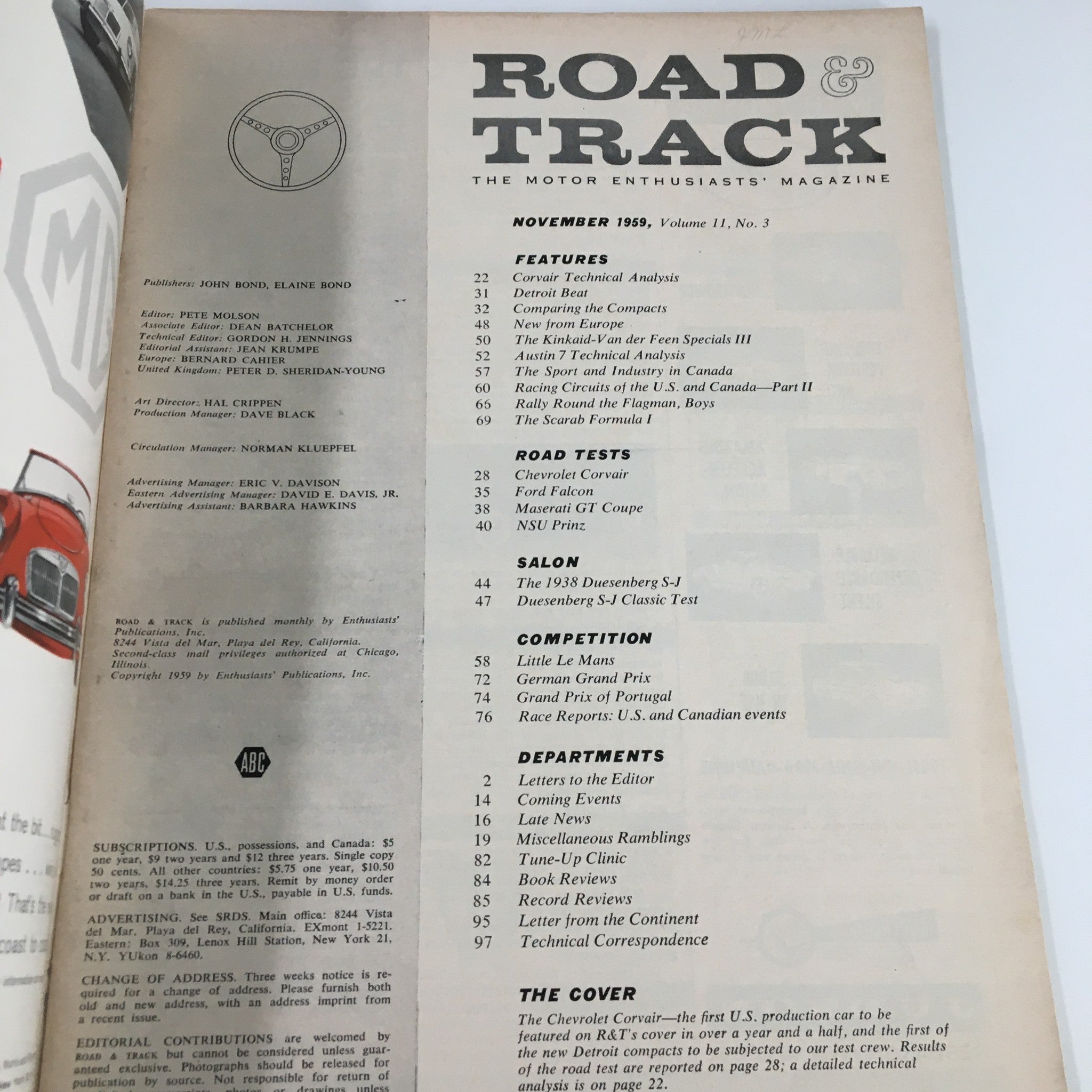 VTG Road & Track Magazine November 1959 Road Test The Falcon & Corvair No Label