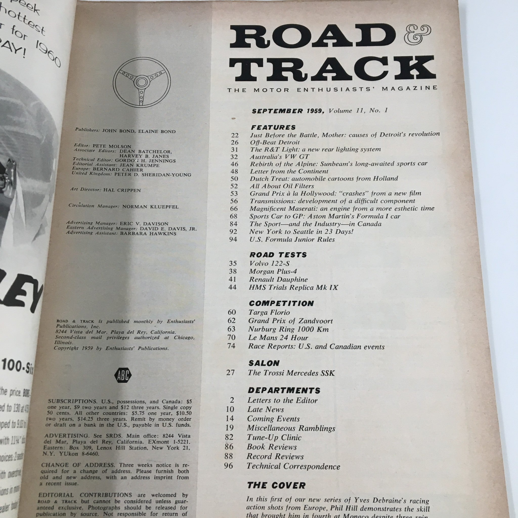 VTG Road & Track Magazine September 1959 Phil Hill & Ferrari at Monaco No Label