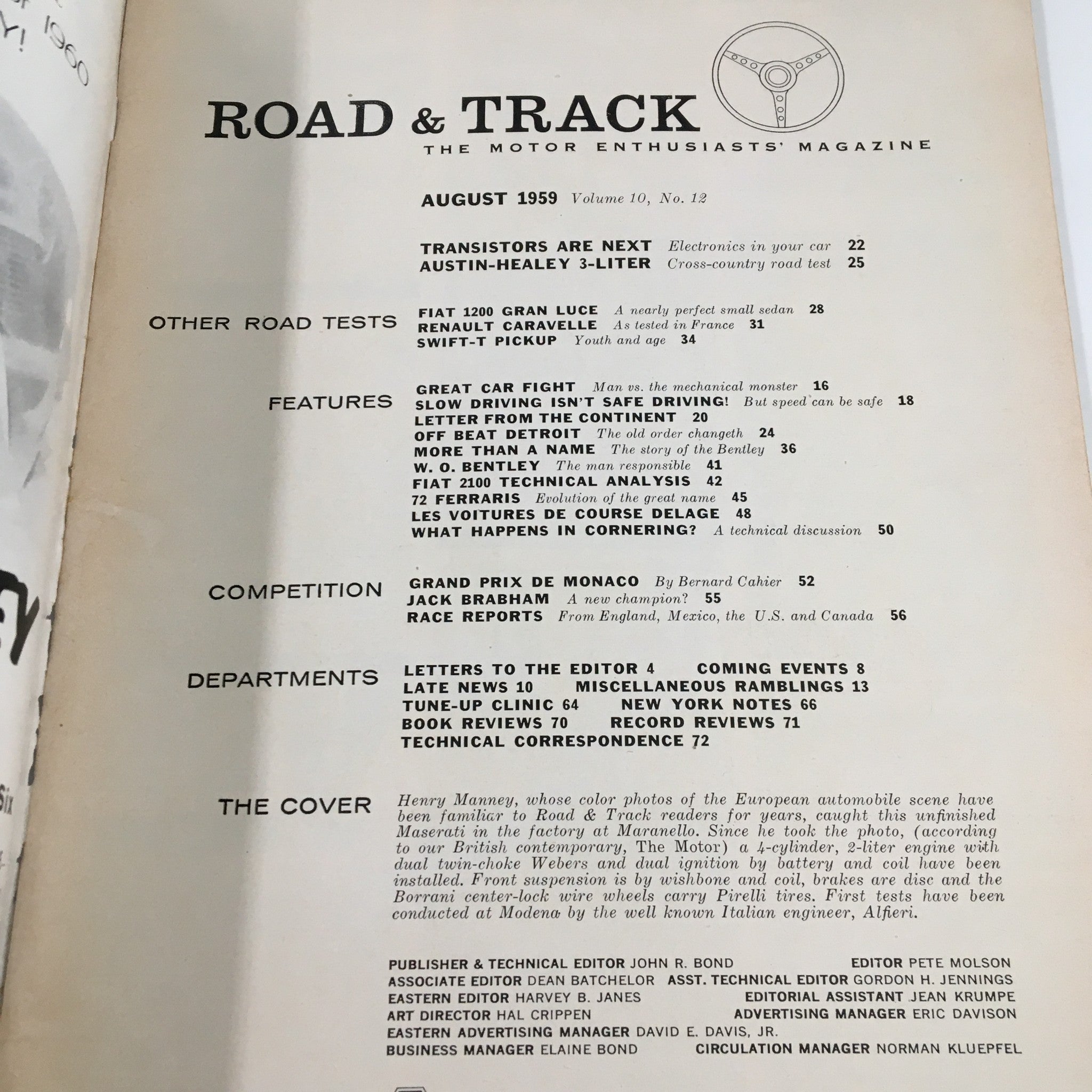 VTG Road & Track Magazine August 1959 The Maserati 2-Liter Sports No Label