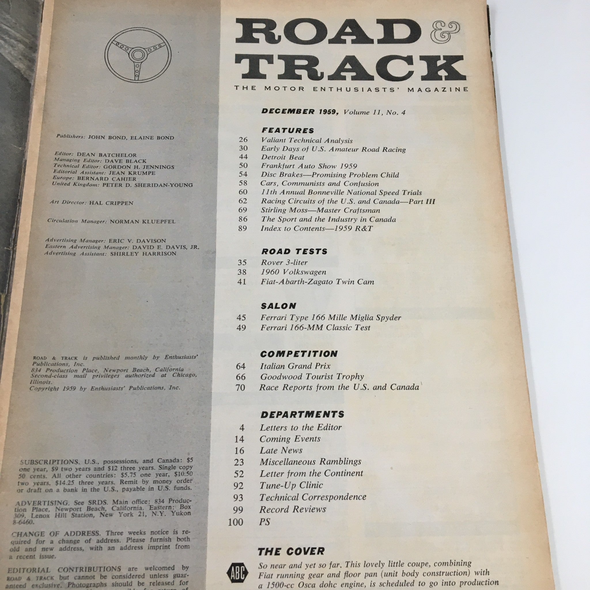 VTG Road & Track Magazine December 1959 The Fiat-Osca 1500 by Farina No Label