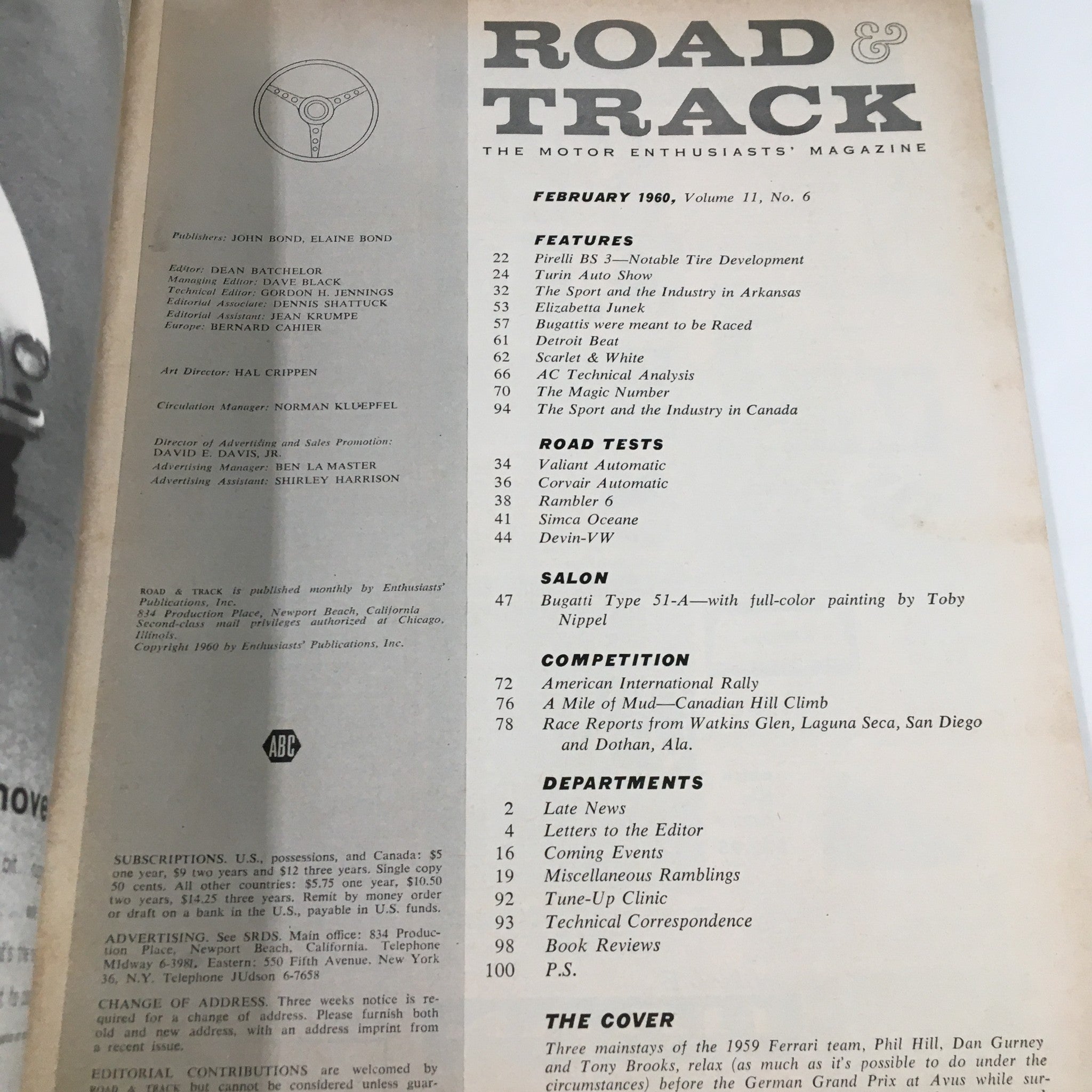 VTG Road & Track Magazine February 1960 Phil Hill, Dan Gurney & Tony B. No Label