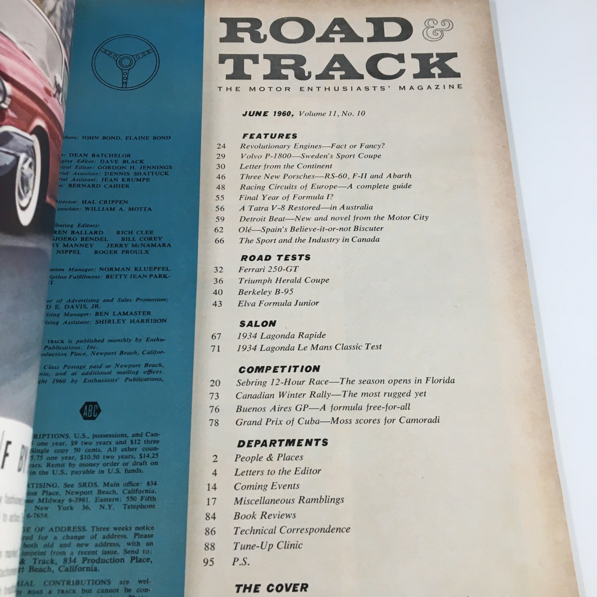 VTG Road & Track Magazine June 1960 The Ferrari 250 GT Farina Coupe No Label