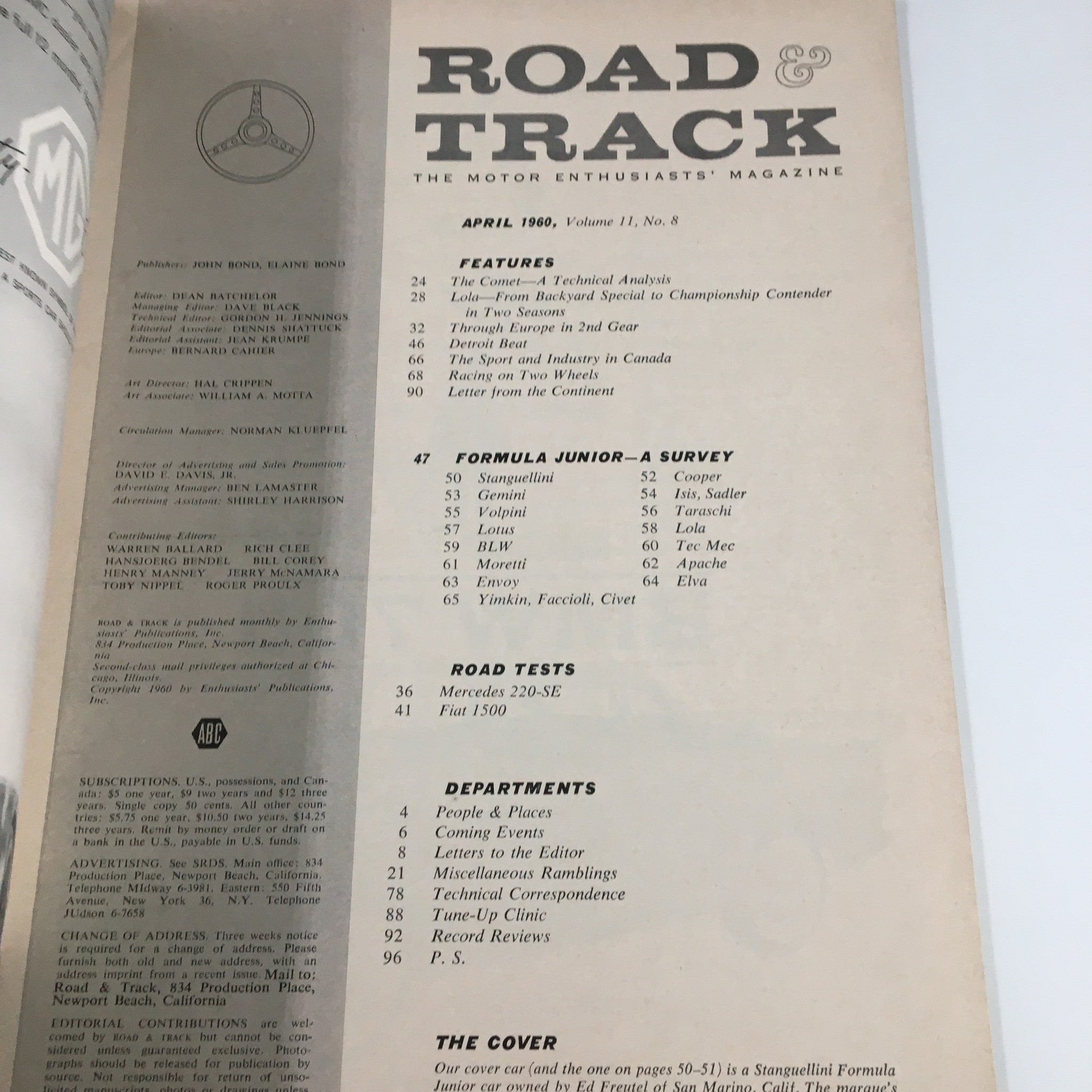 VTG Road & Track Magazine April 1960 The Mercedes 220-SE Road Test No Label