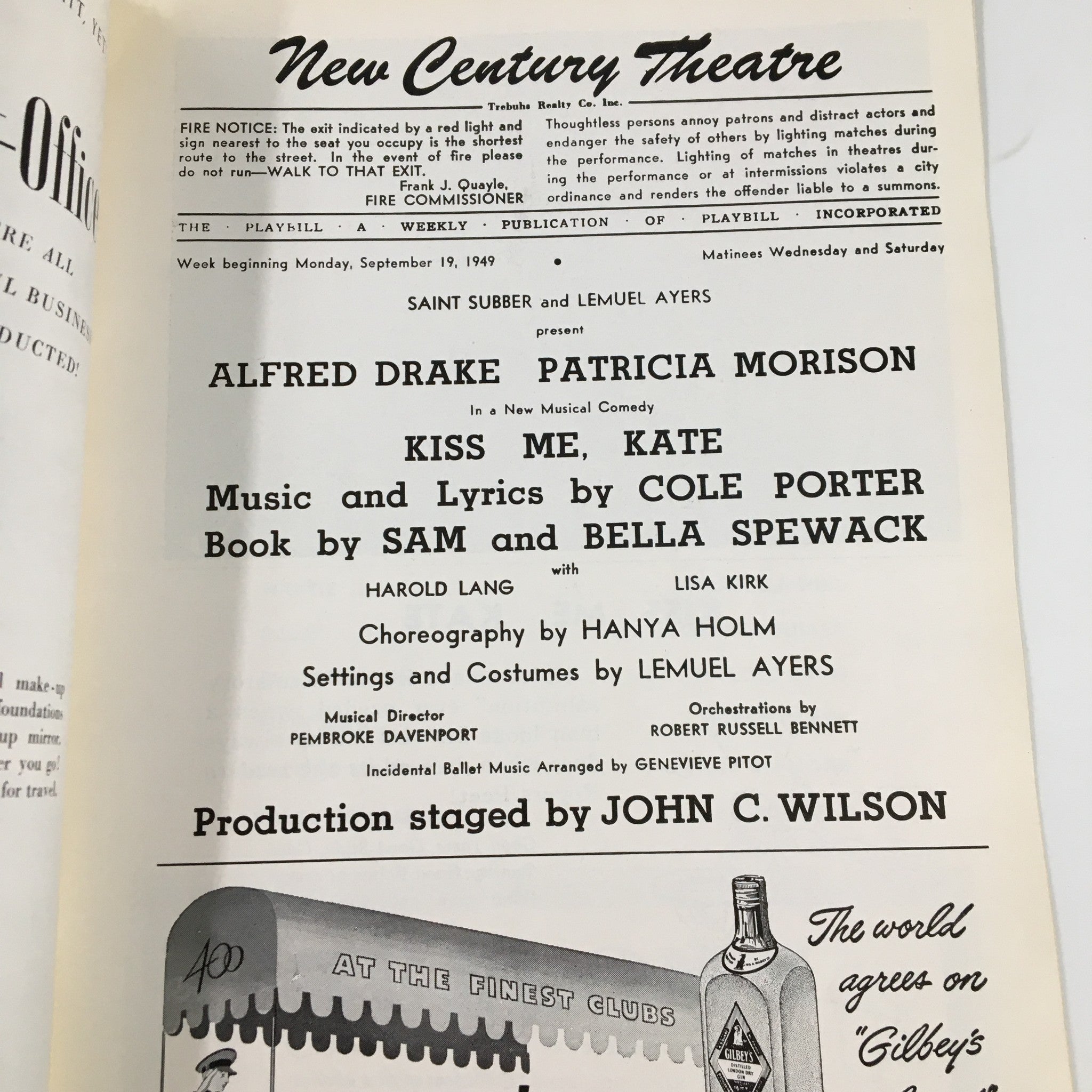 1949 Playbill New Century Theatre Alfred Drake in Kiss Me, Kate by John Wilson