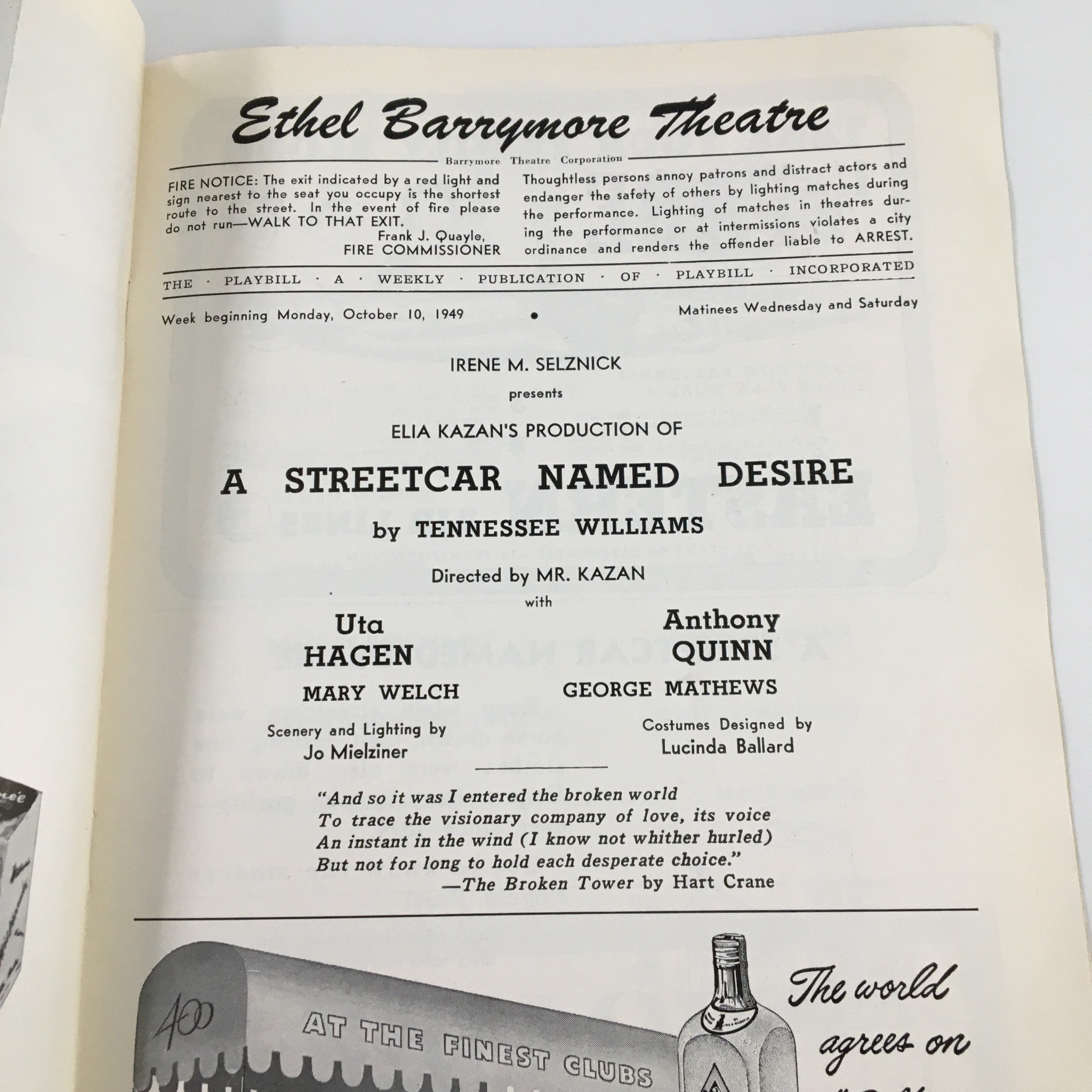 1949 Playbill Ethel Barrymore Theatre A Streetcar Named Desire by Tennessee W.