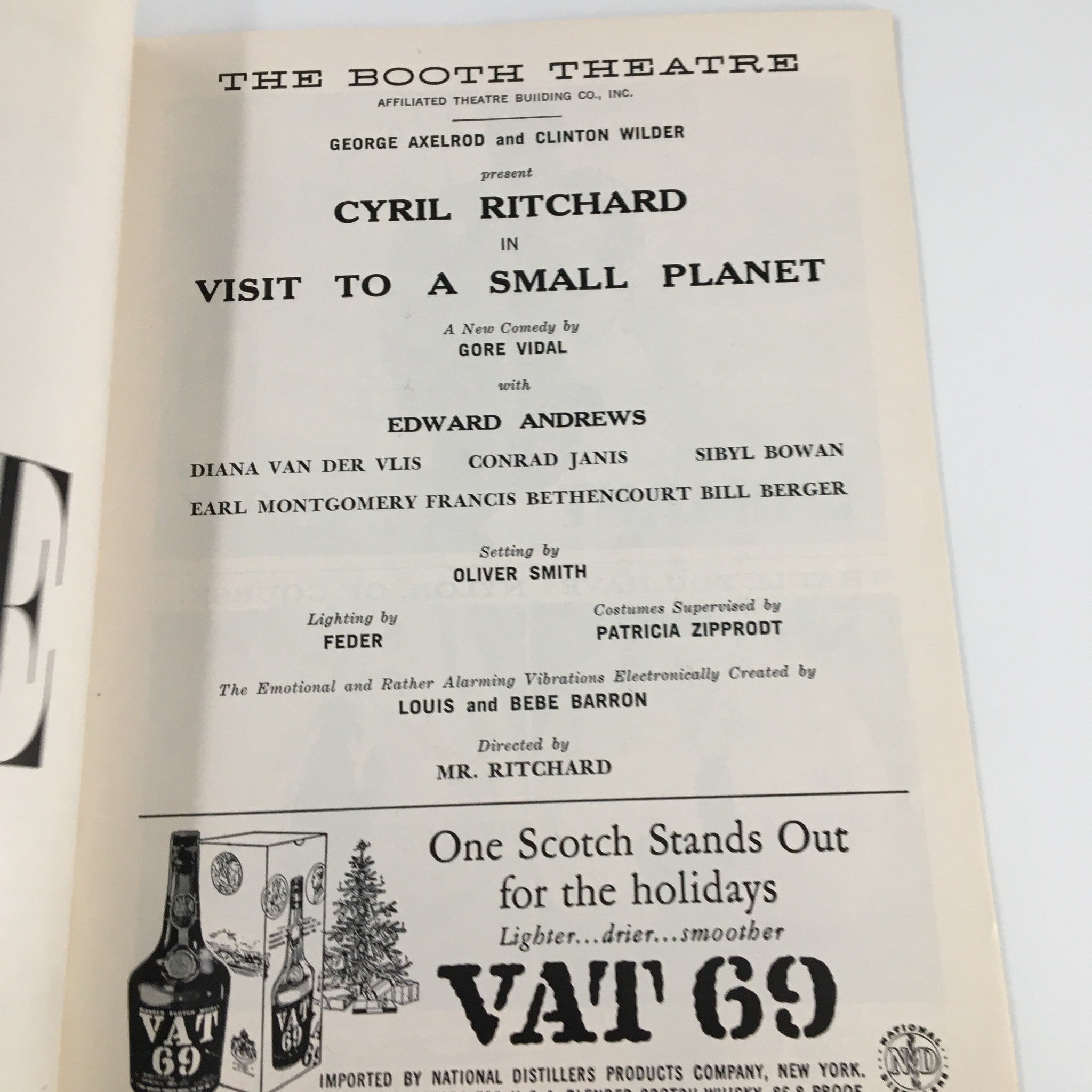 1957 Playbill The Booth Theatre Cyril Ritchard in Visit To A Small Planet