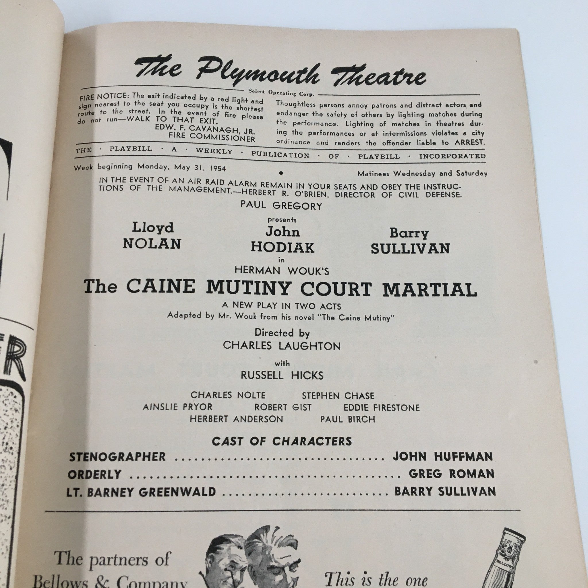 1954 Playbill The Plymouth Theatre Herman Wouk The Caine Mutiny Court Martial