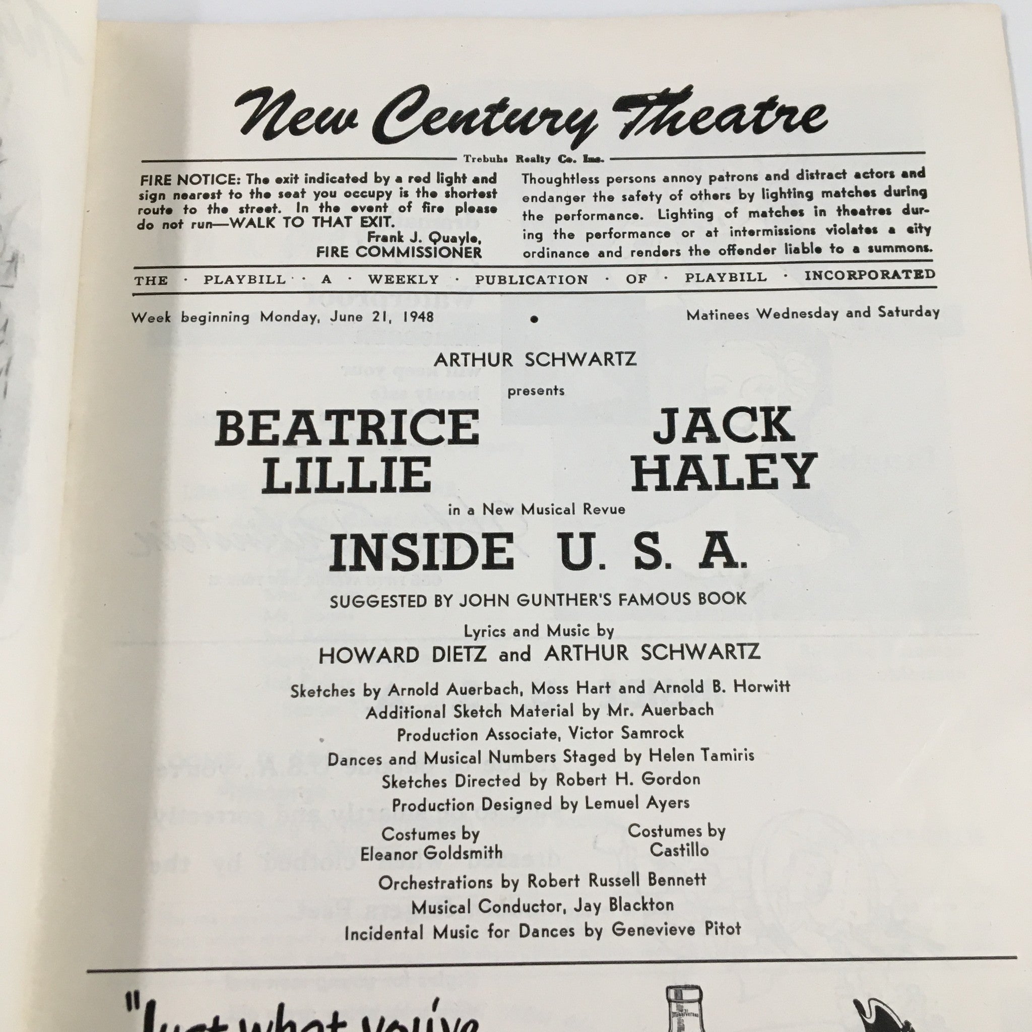 1948 Playbill New Century Theatre Beatrice Lillie, Jack Haley in Inside the USA