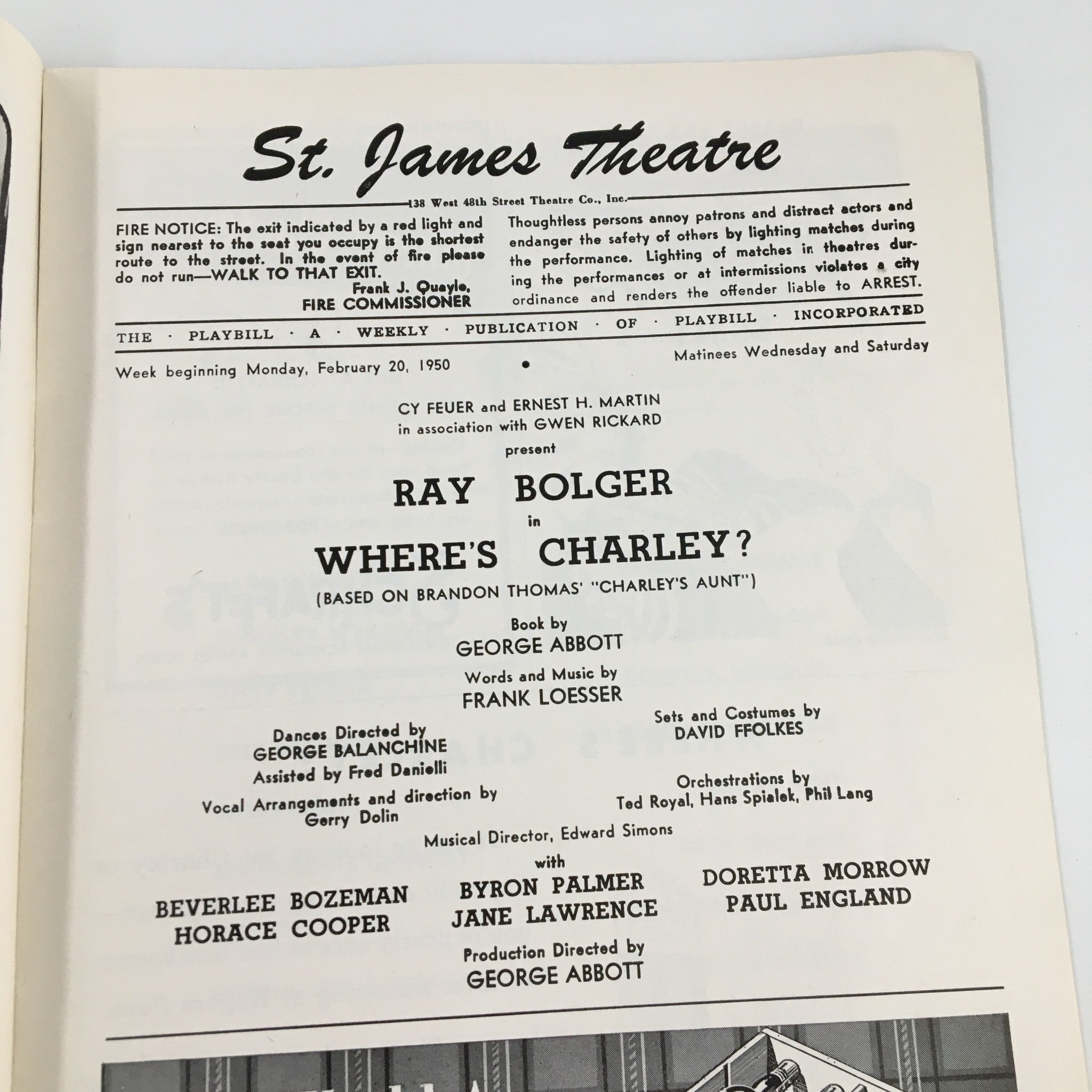 1950 Playbill St. James Theatre Ray Bolger in Where's Charley? by Geroge Abbott