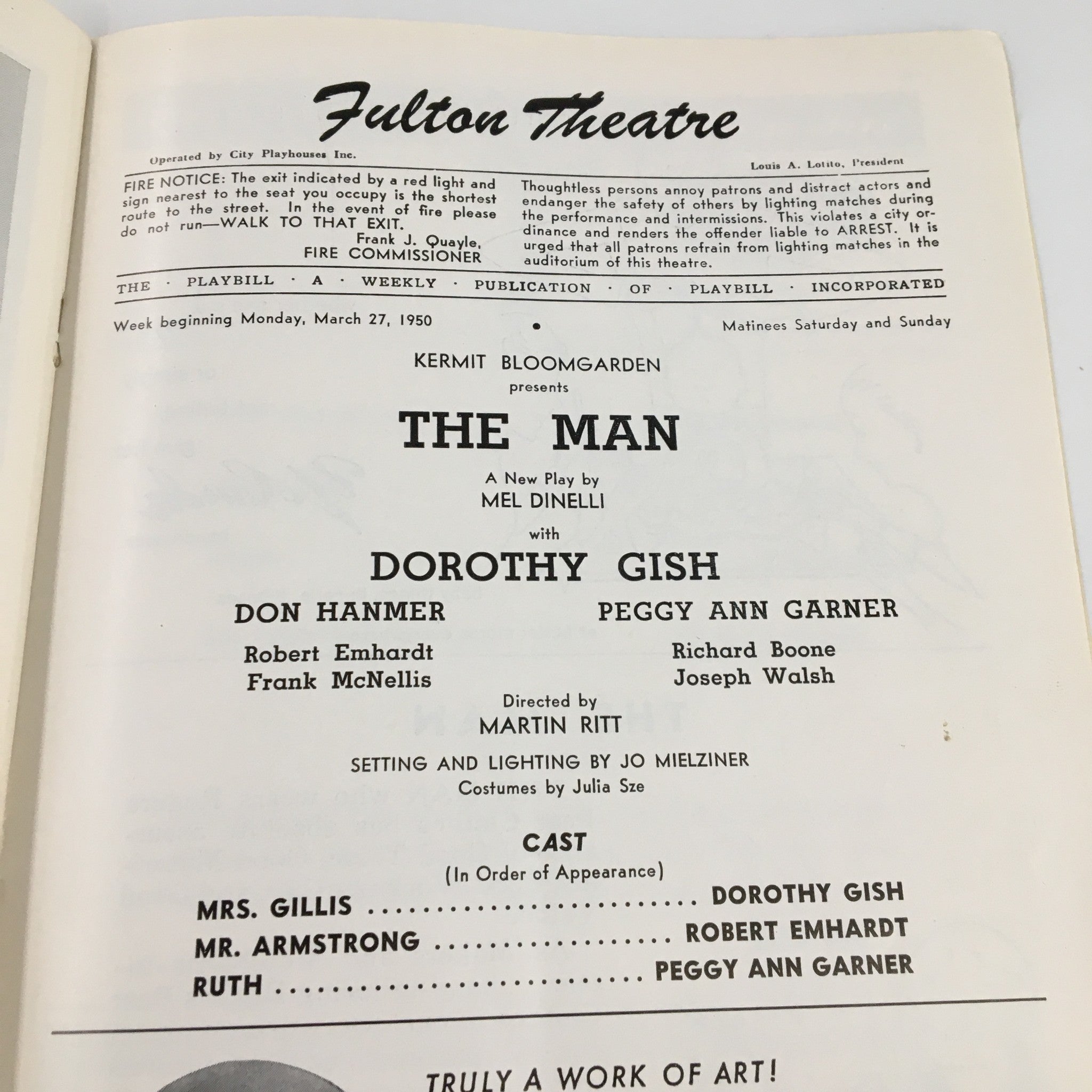 1950 Playbill Fulton Theatre Dorothy Gish in The Man A New Play by Mel Dinelli