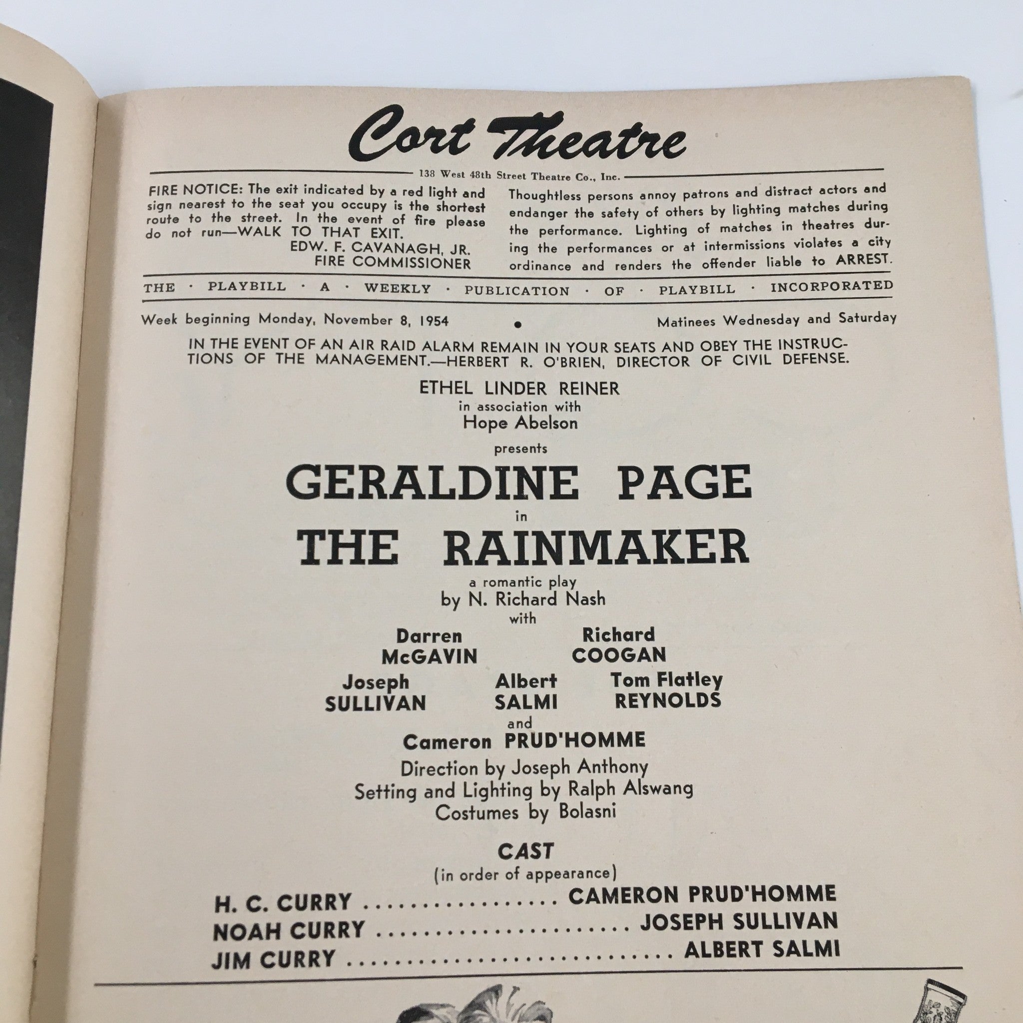 1954 Playbill Corth Theatre Geraldine Page in The Rainmaker by N. Richard Nash