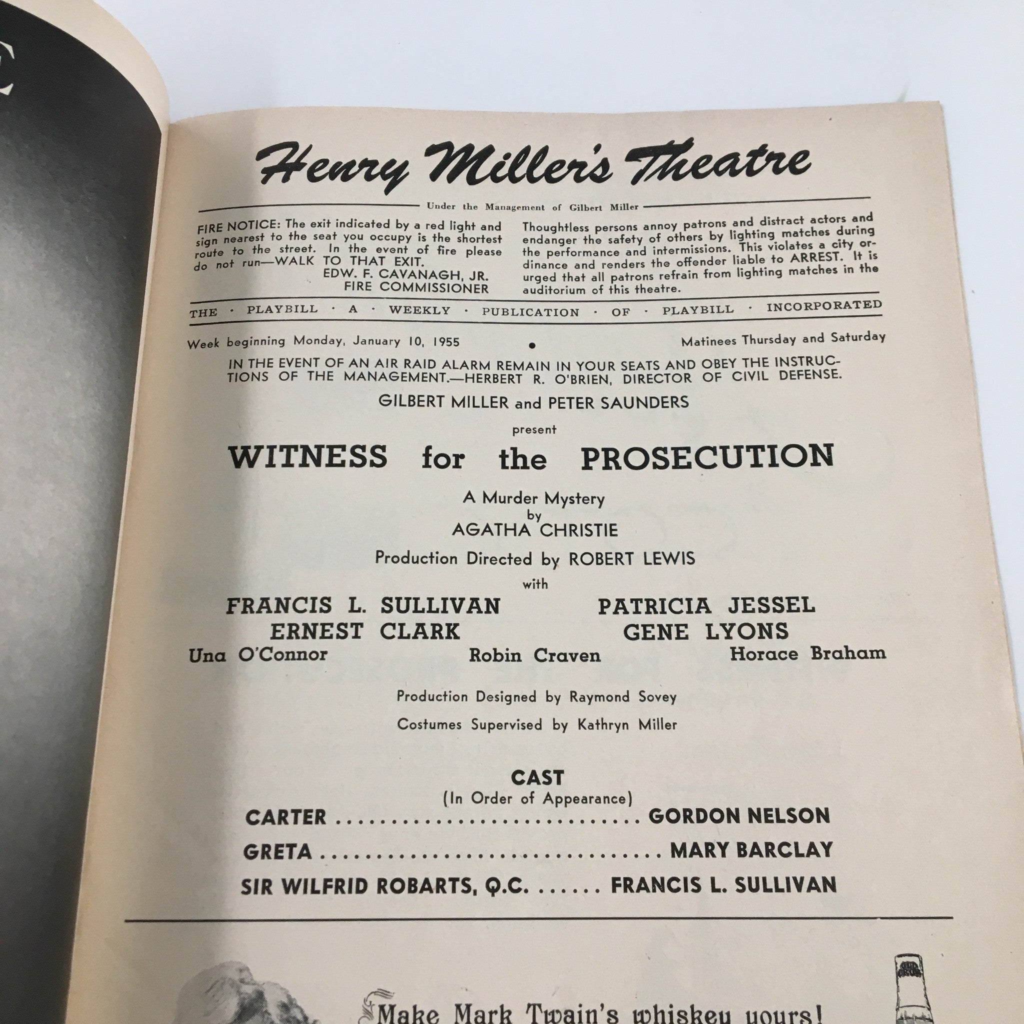 1955 Playbill Henry Miller's Theatre Witness for the Prosecition by Agatha C.