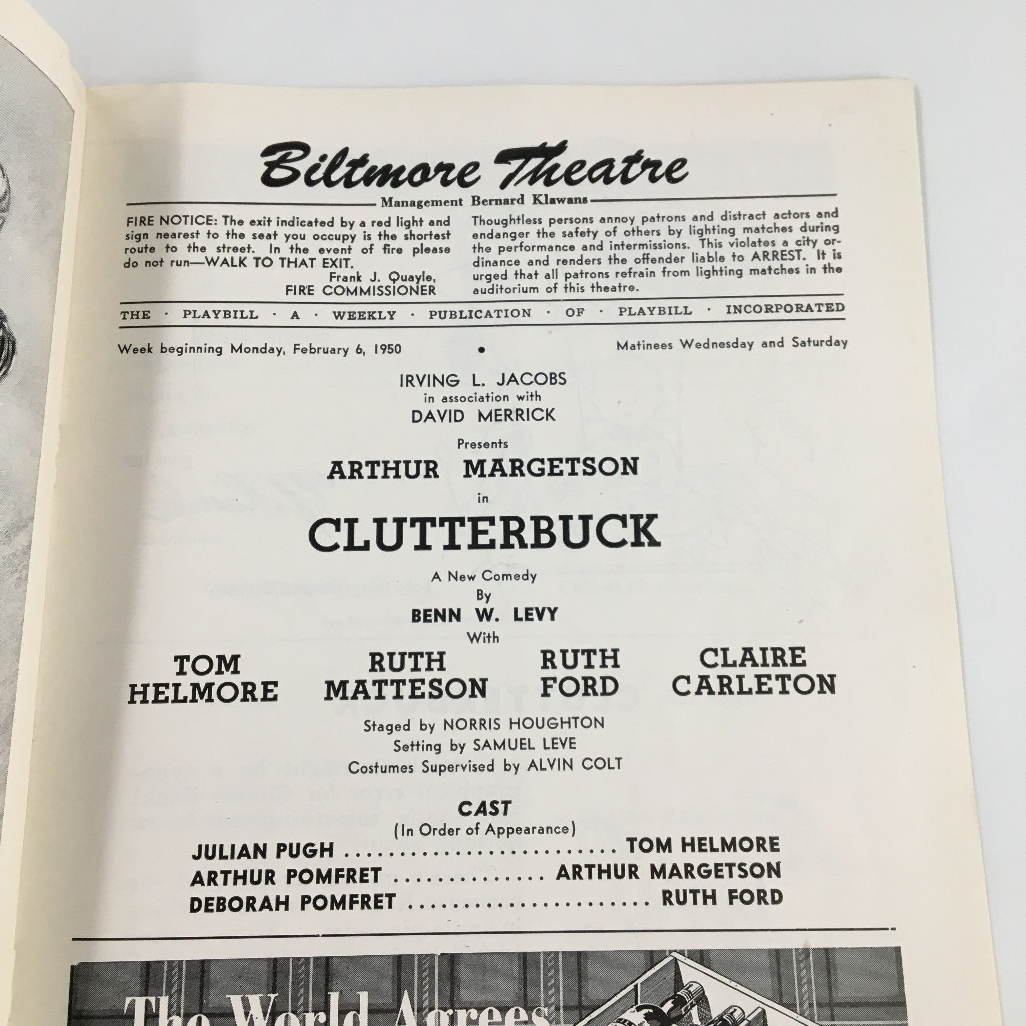 1950 Playbill Biltmore Theatre Arthur Margetson in Clutterbuck by Benn W. Levy